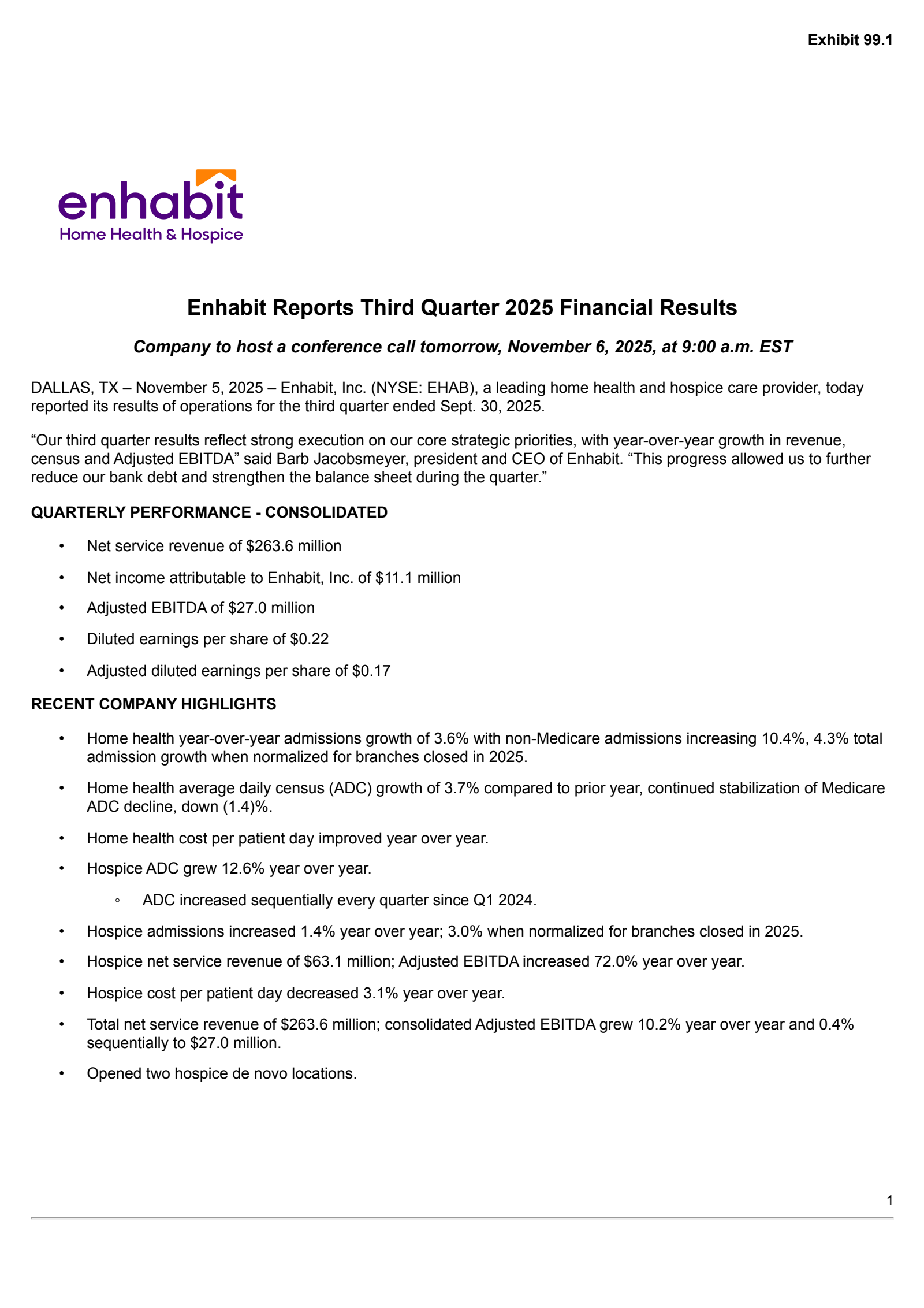 Enhabit's Q3 2025 Earnings Release