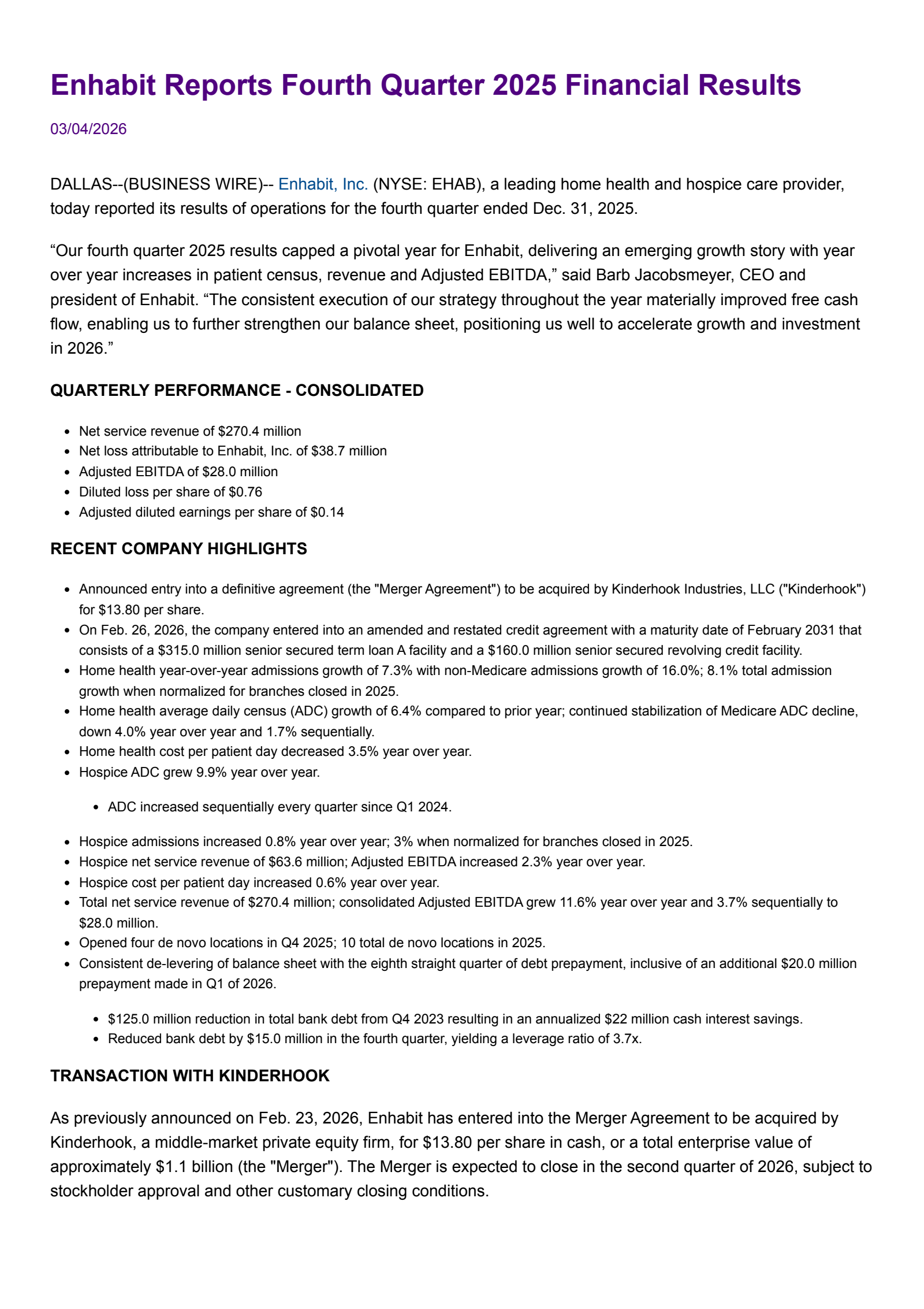 Enhabit's Q4 2025 Press Release