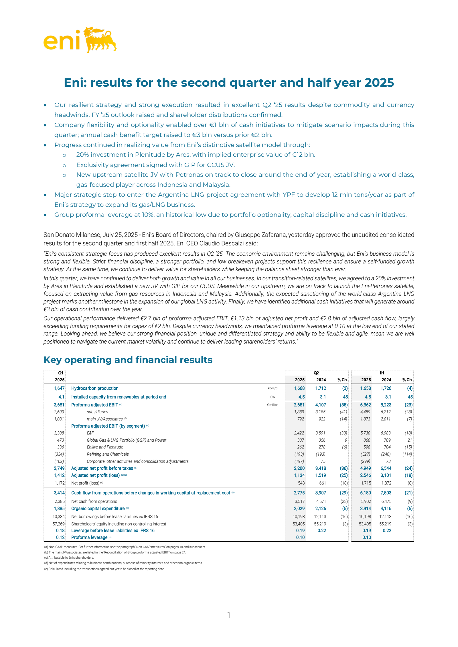 ENI's Q2 2025 Press Release