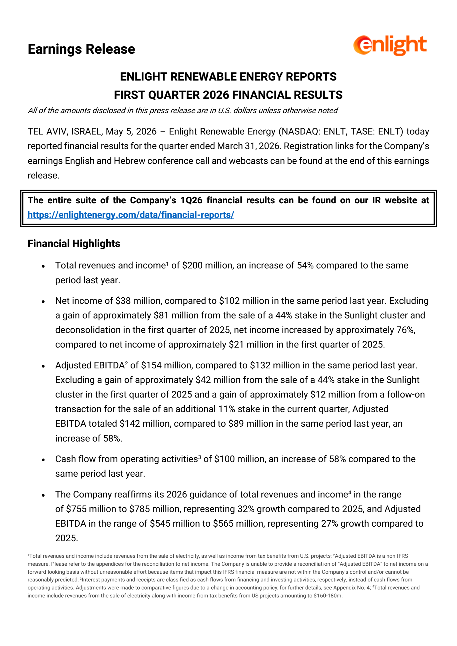 Enlight Renewable Energy's Q1 2026 Press Release