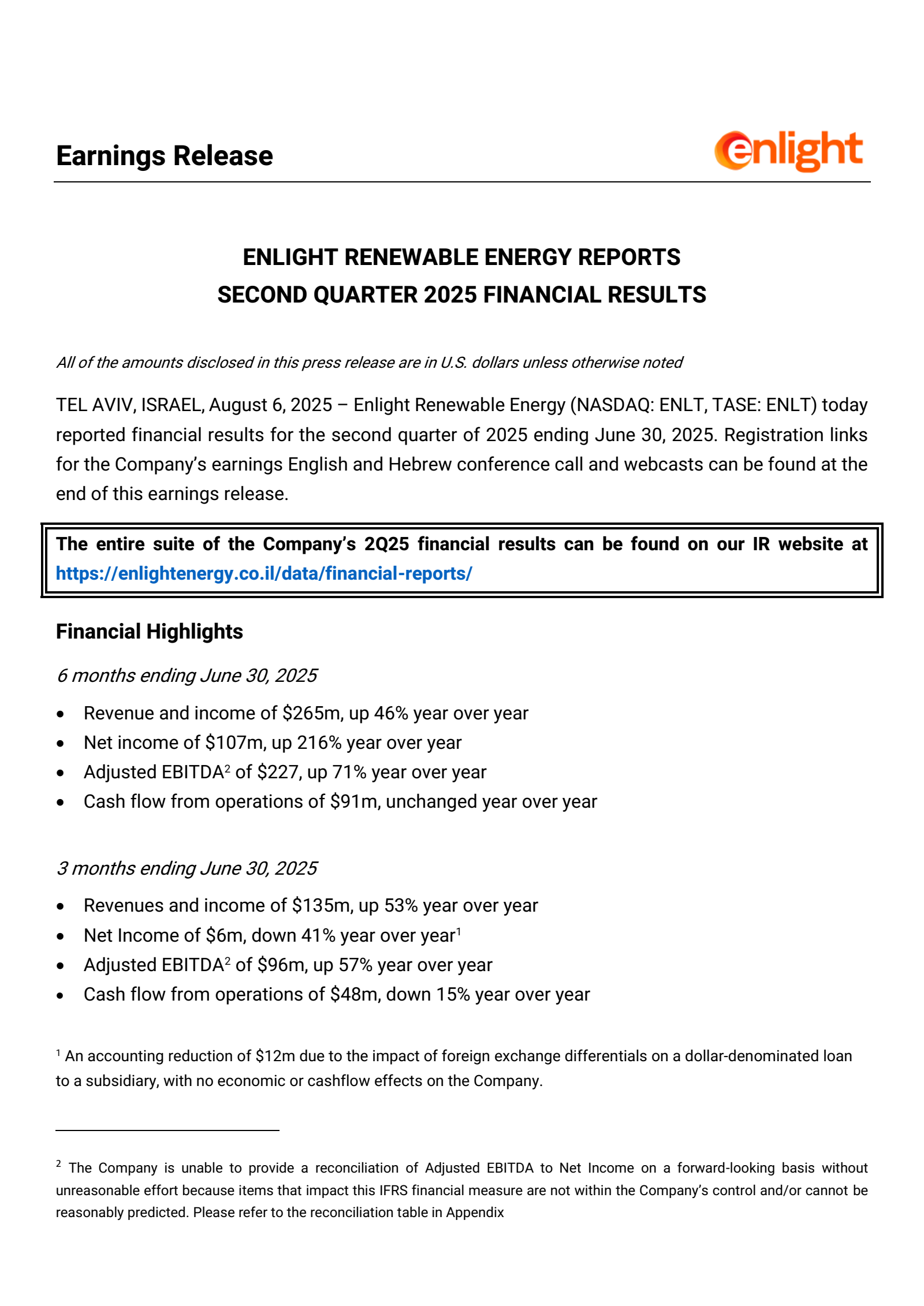 Enlight Renewable Energy's Q2 2025 Press Release