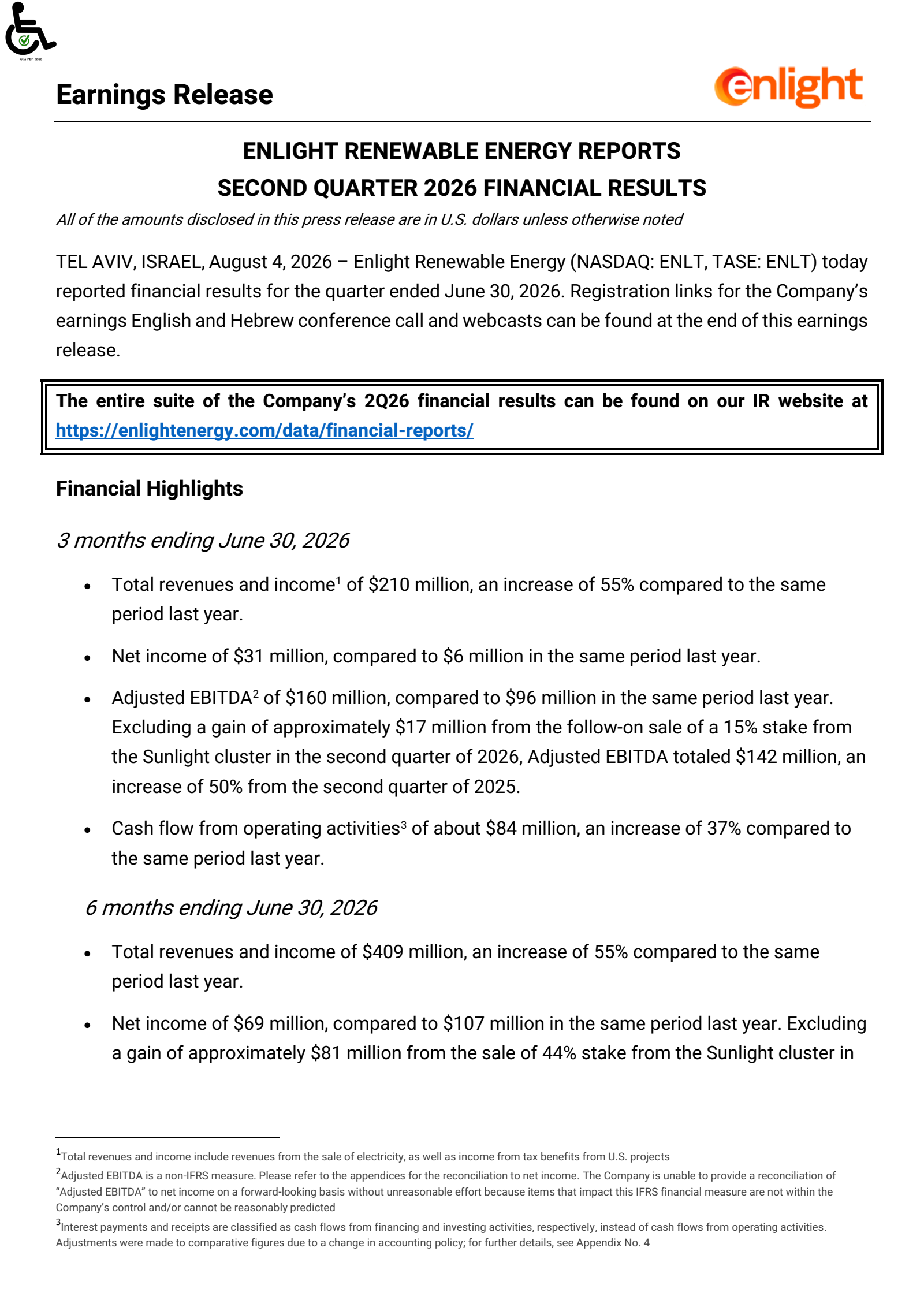 Enlight Renewable Energy's Q2 2026 Press Release