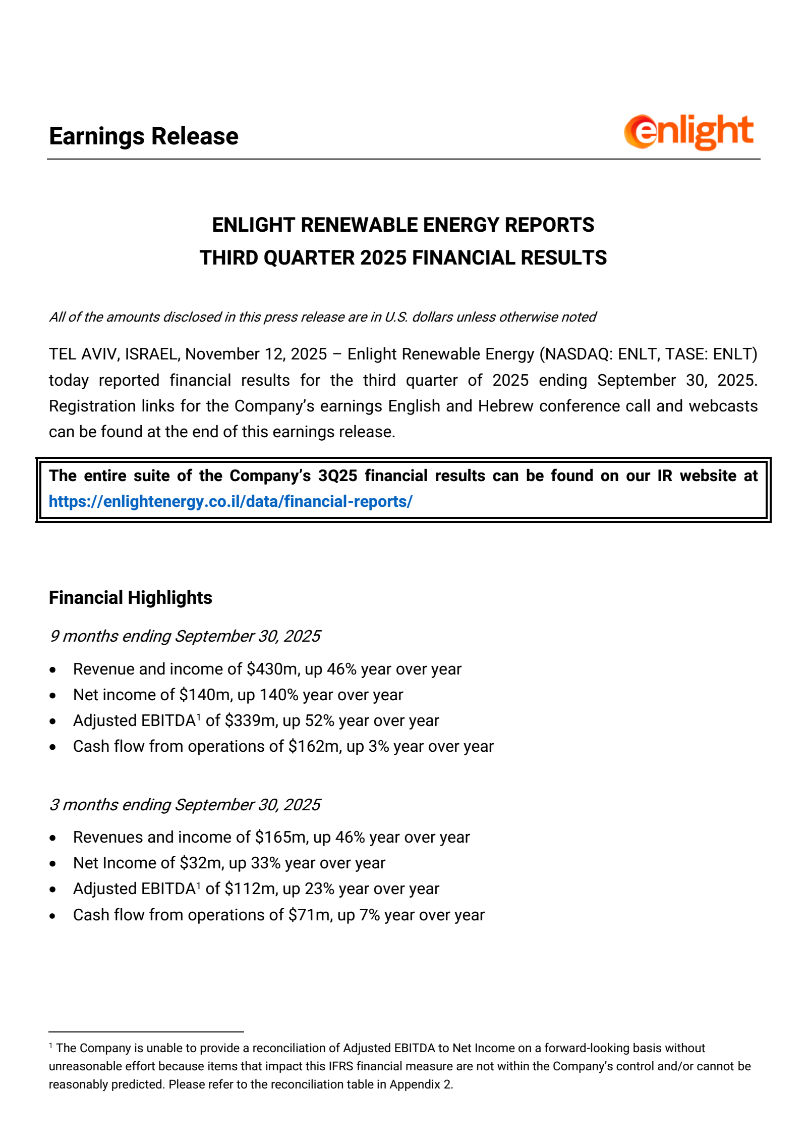 Enlight Renewable Energy's Q3 2025 Earnings Release