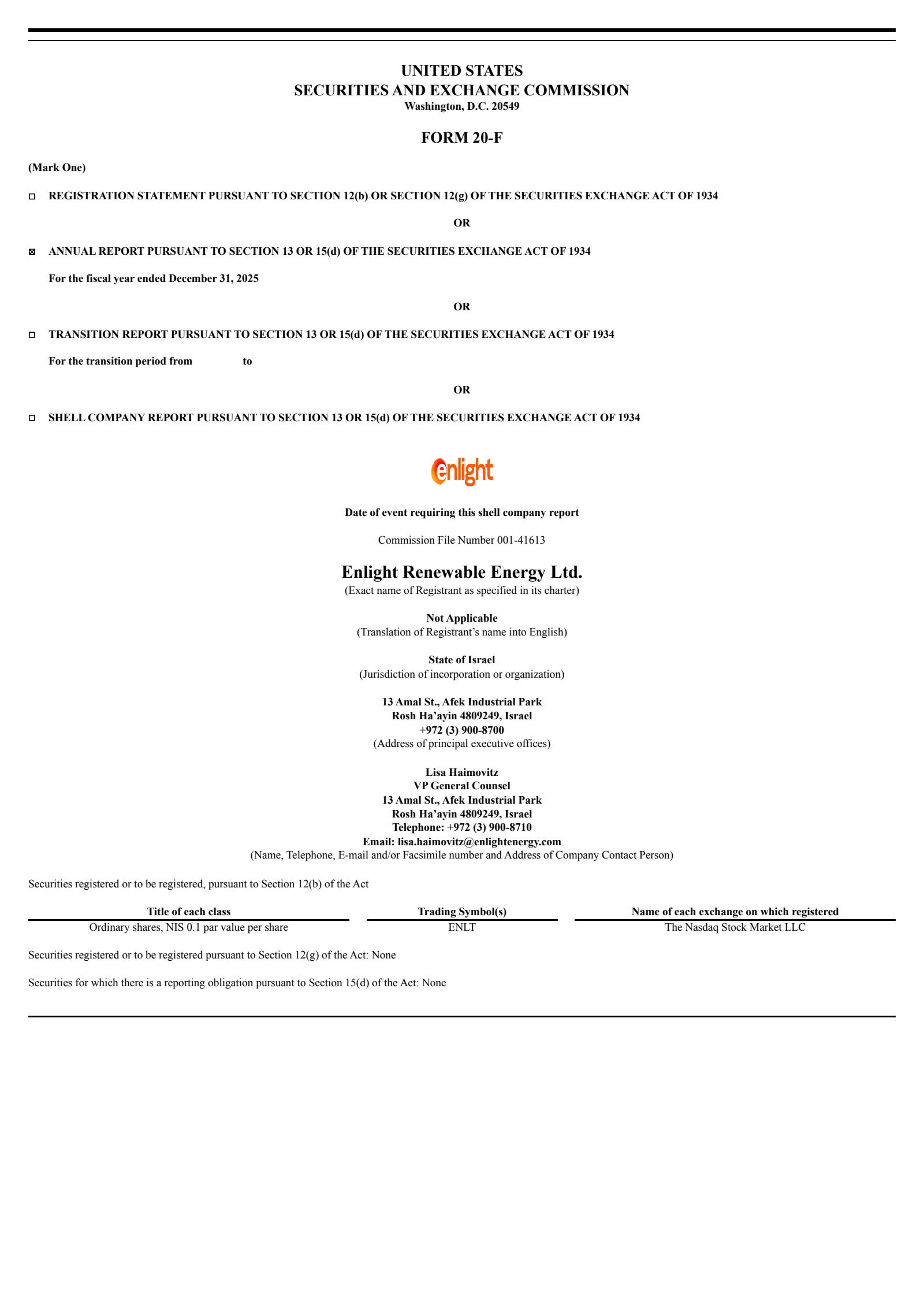 Enlight Renewable Energy's Q4 2025 Annual report