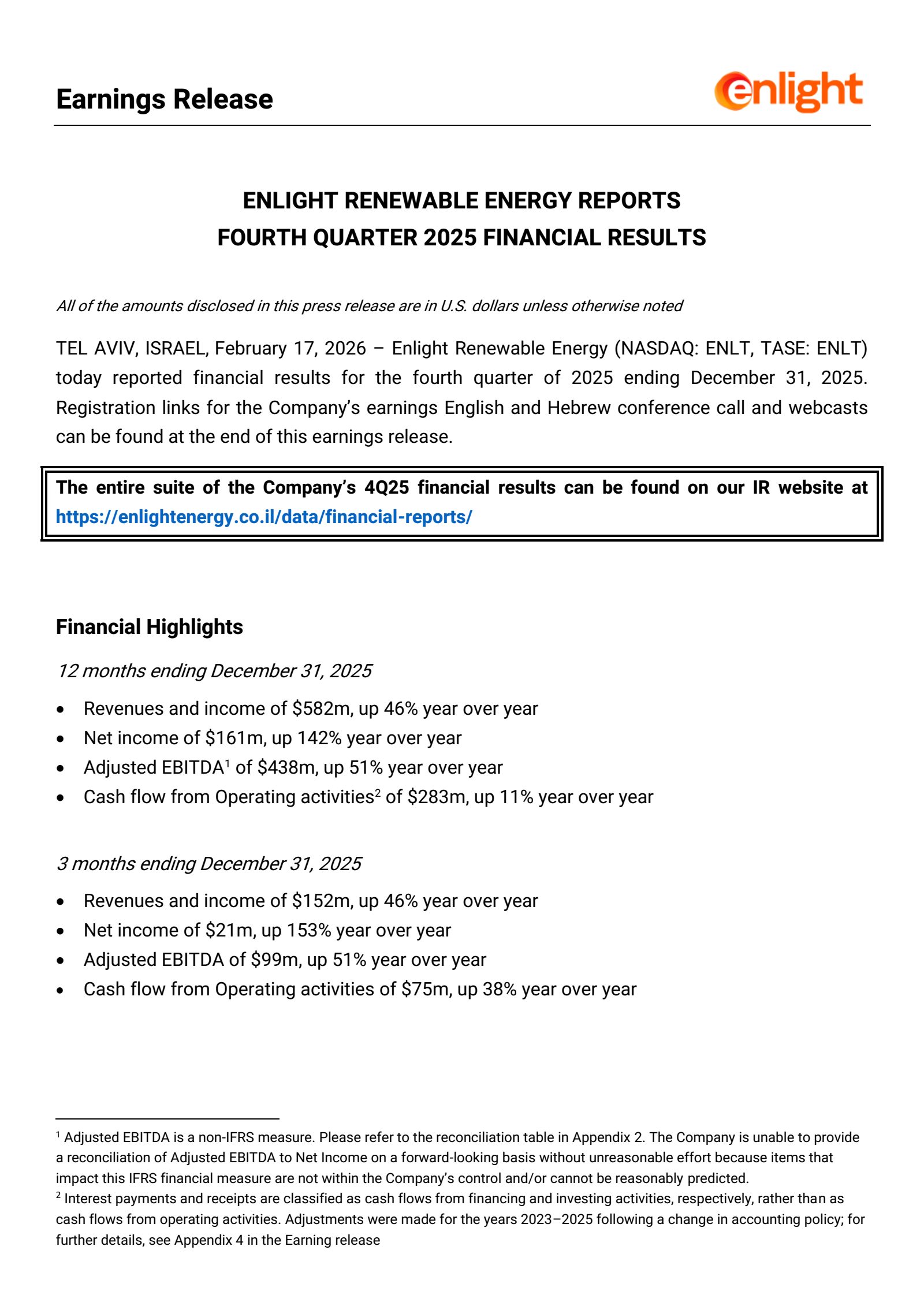 Enlight Renewable Energy's Q4 2025 Press Release