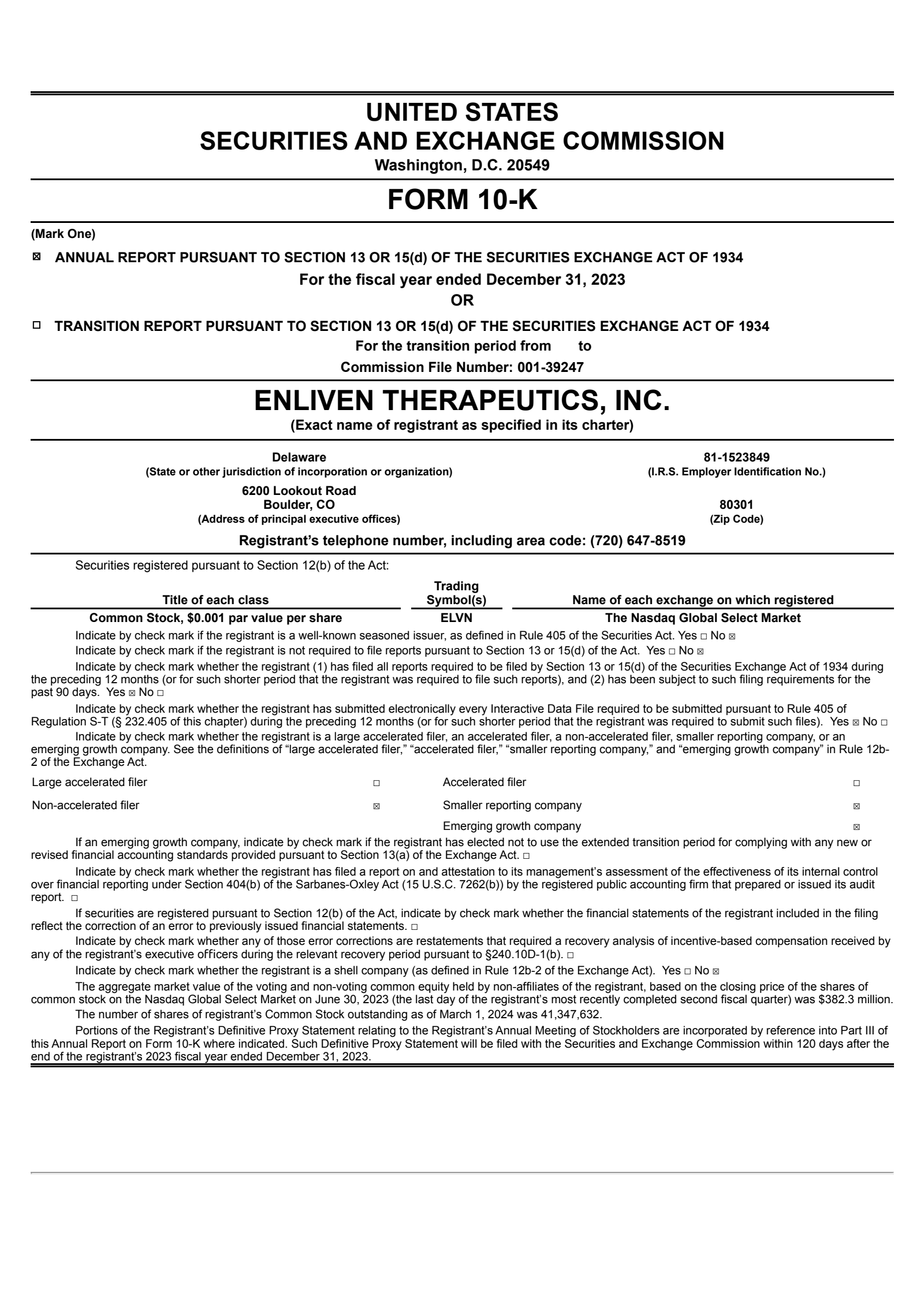 Enliven Therapeutics' Q4 2023 Annual report