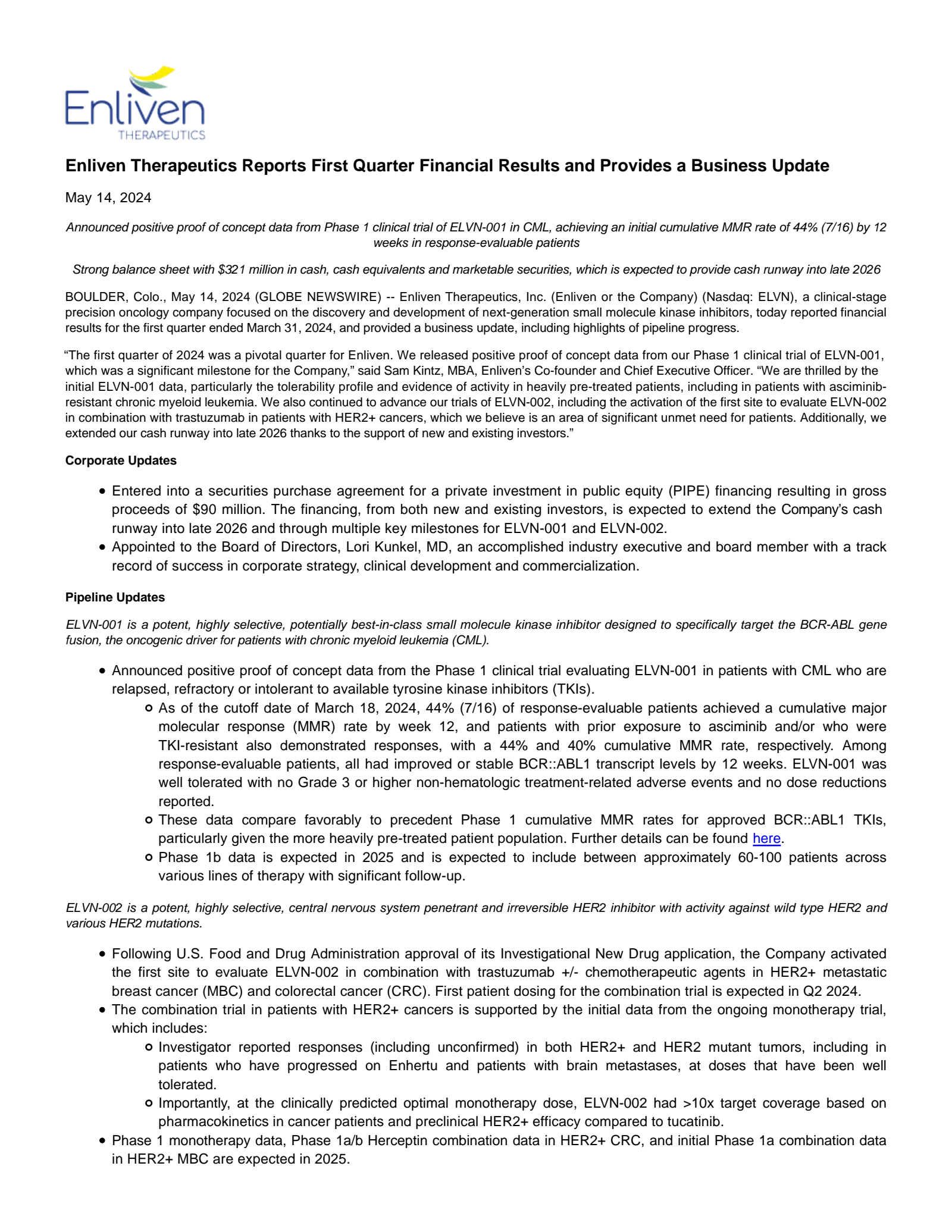 Enliven Therapeutics' Q1 2024 Press Release