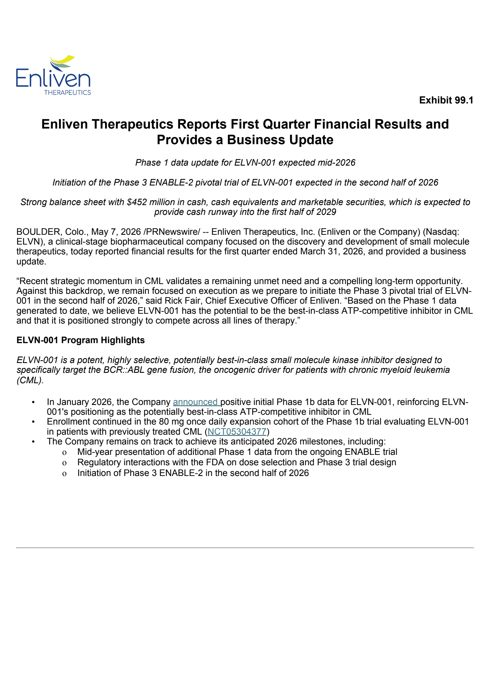 Enliven Therapeutics' Q1 2026 Press Release