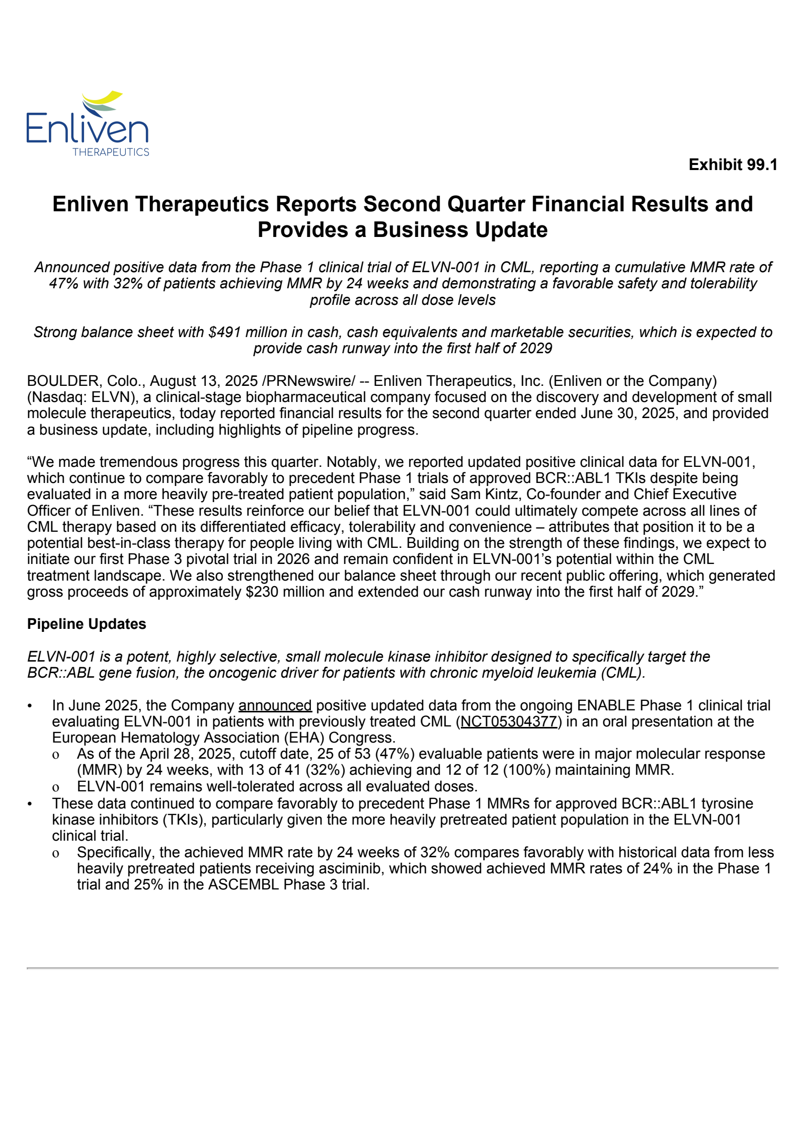 Enliven Therapeutics' Q2 2025 Press Release