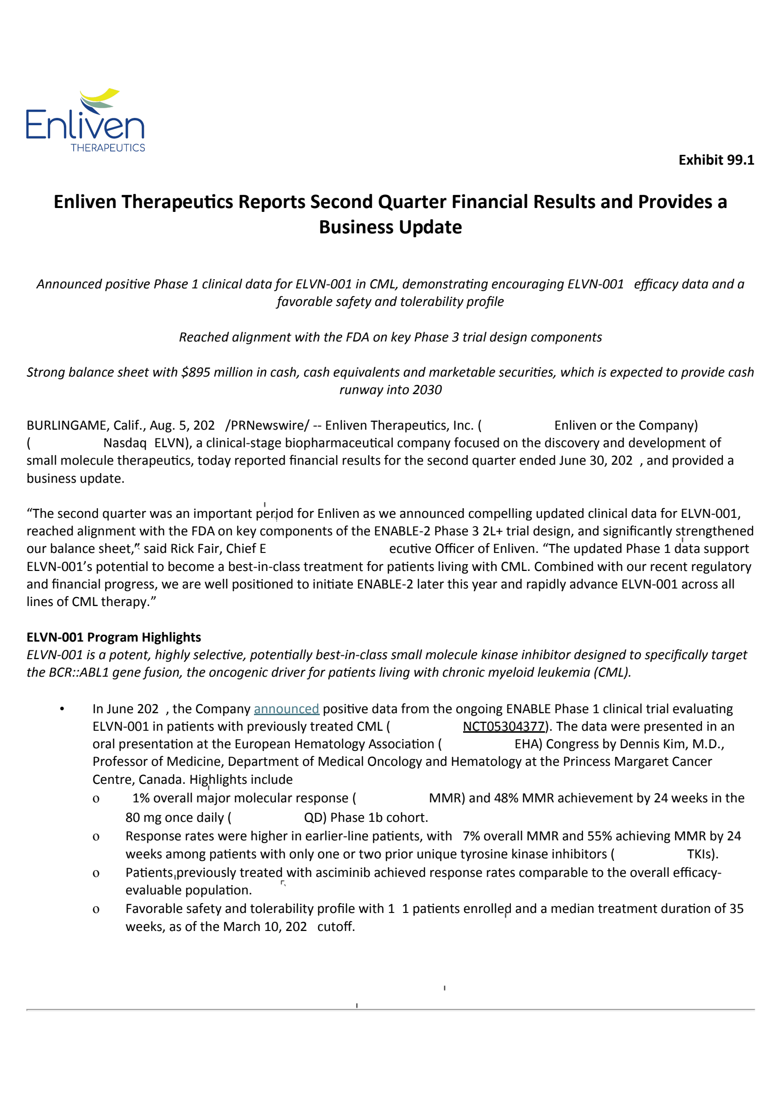 Enliven Therapeutics' Q2 2026 Press Release