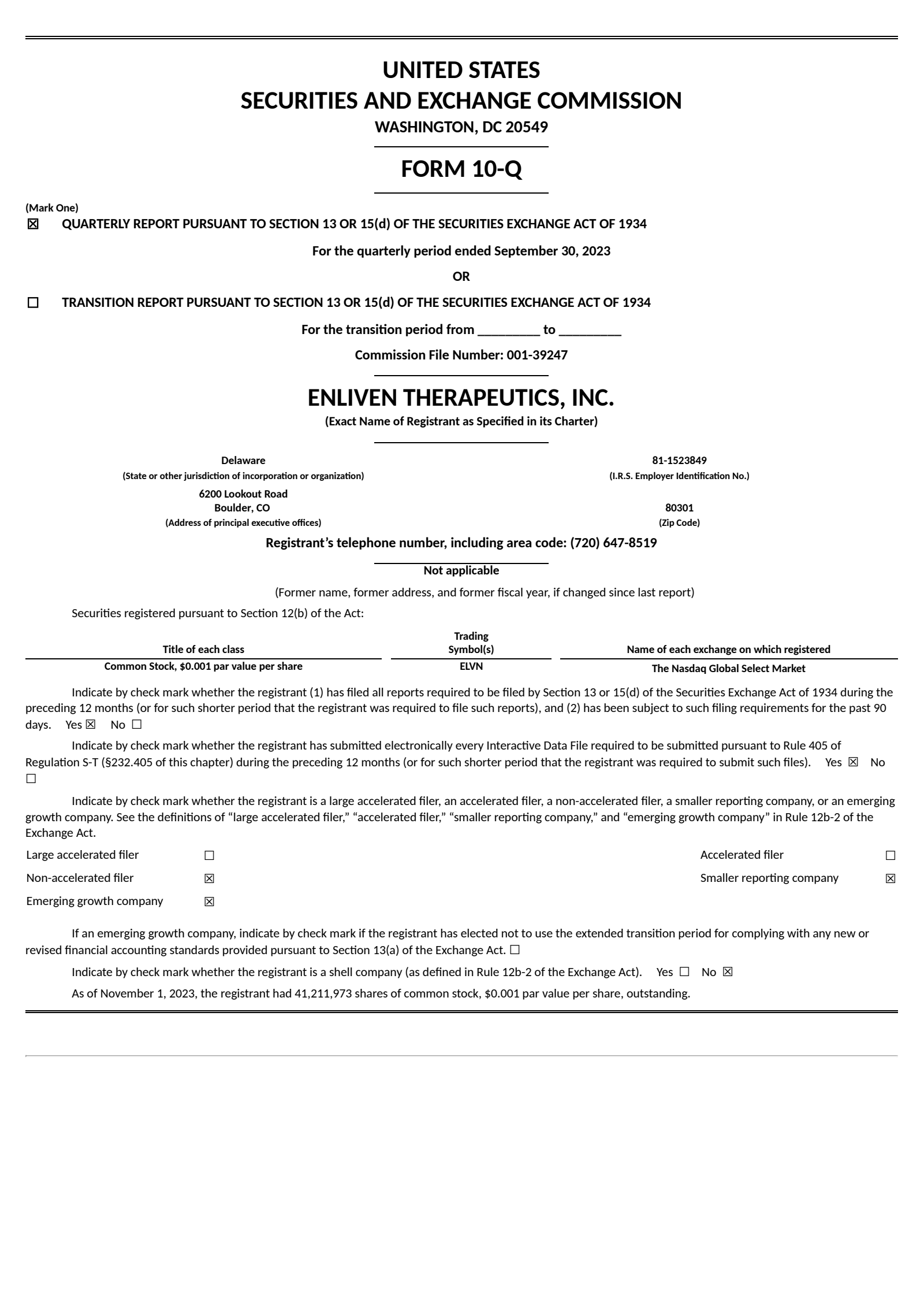 Enliven Therapeutics' Q3 2023 Quarterly Report
