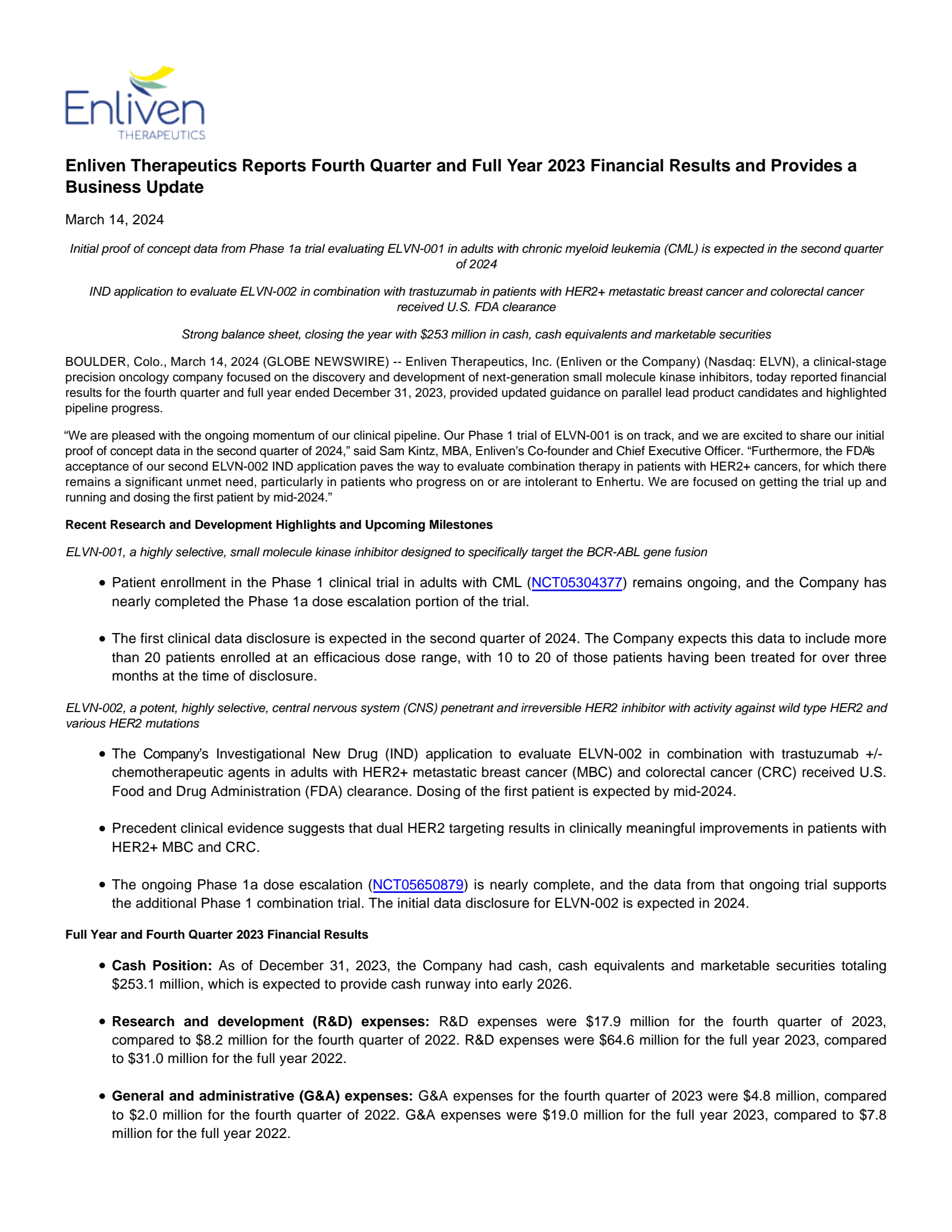 Enliven Therapeutics' Q4 2023 Press Release