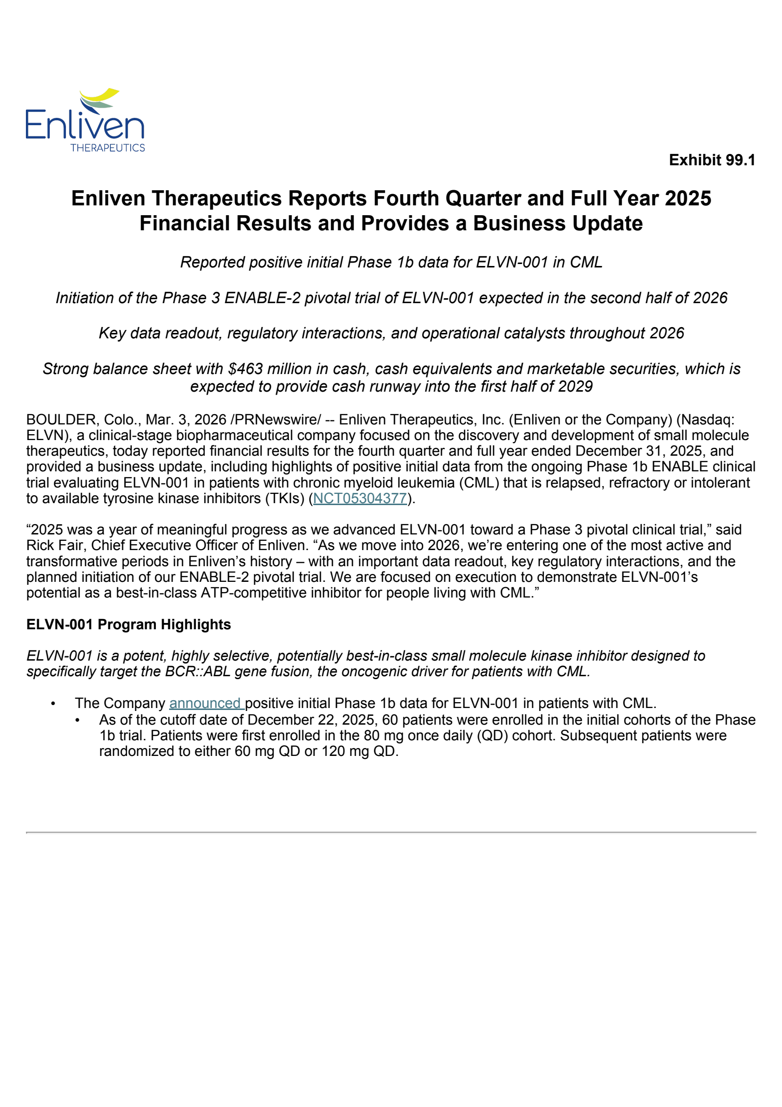 Enliven Therapeutics' Q4 2025 Press Release