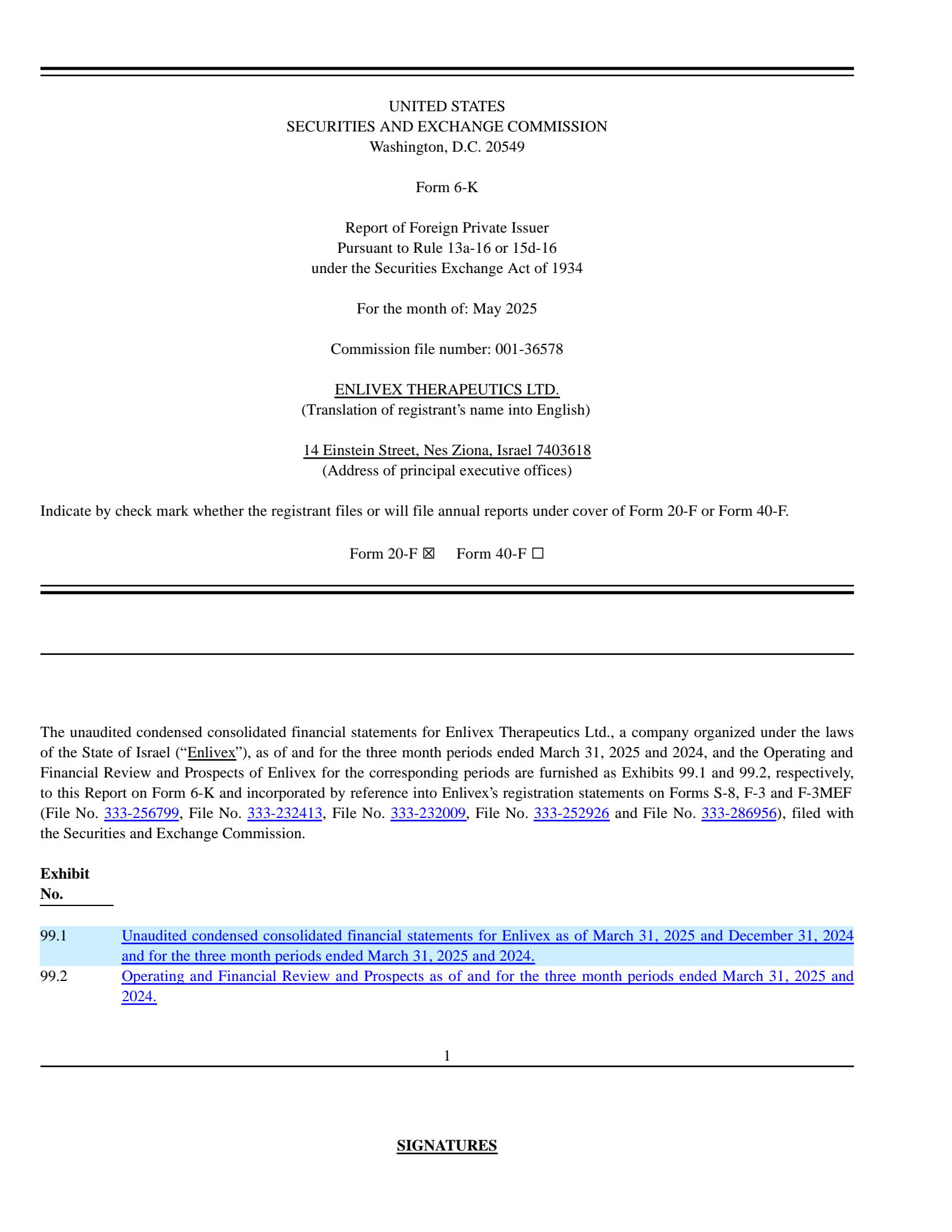 Enlivex Therapeutics' Q1 2025 Earnings Release