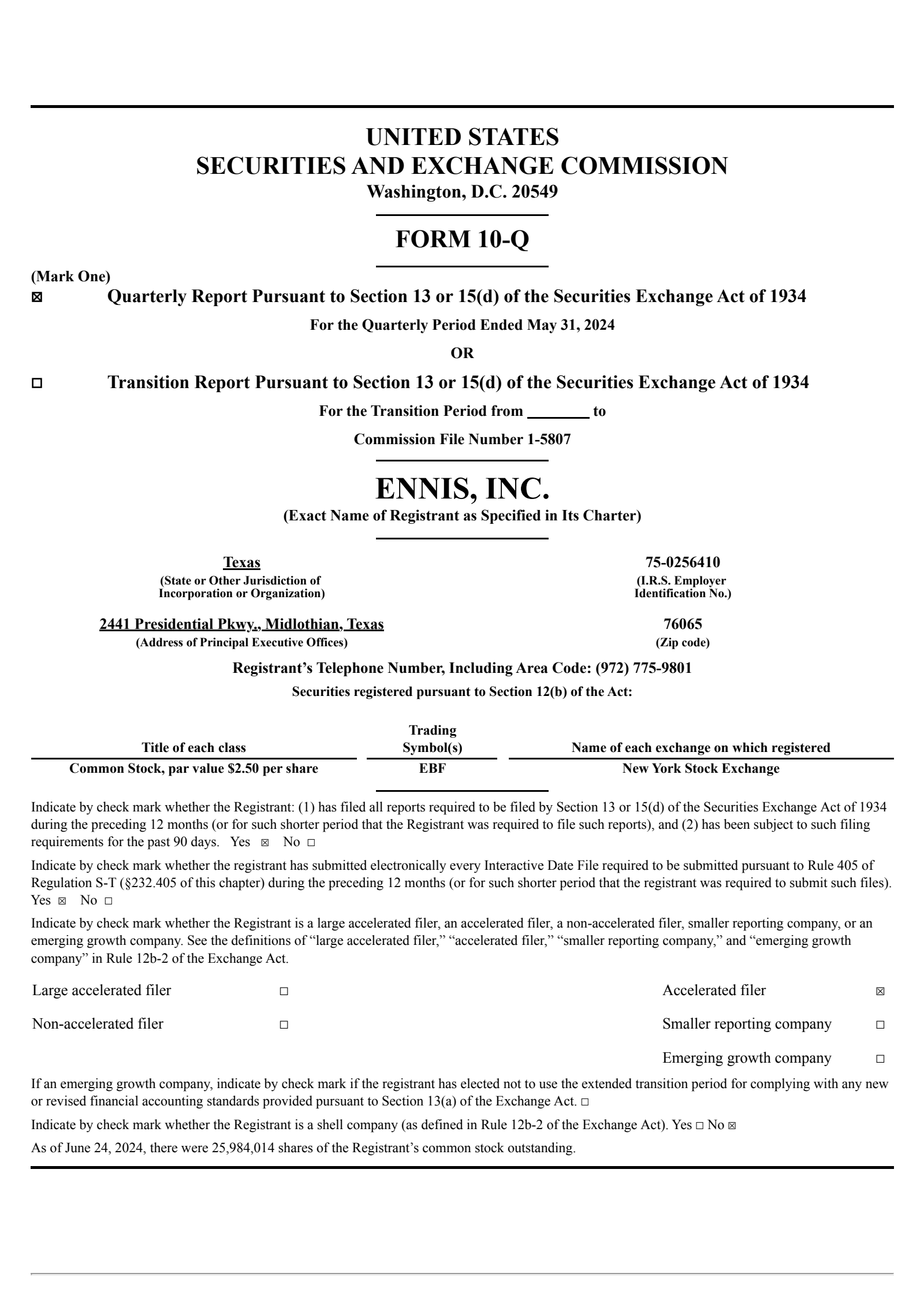Ennis' Q1 2025 Quarterly report