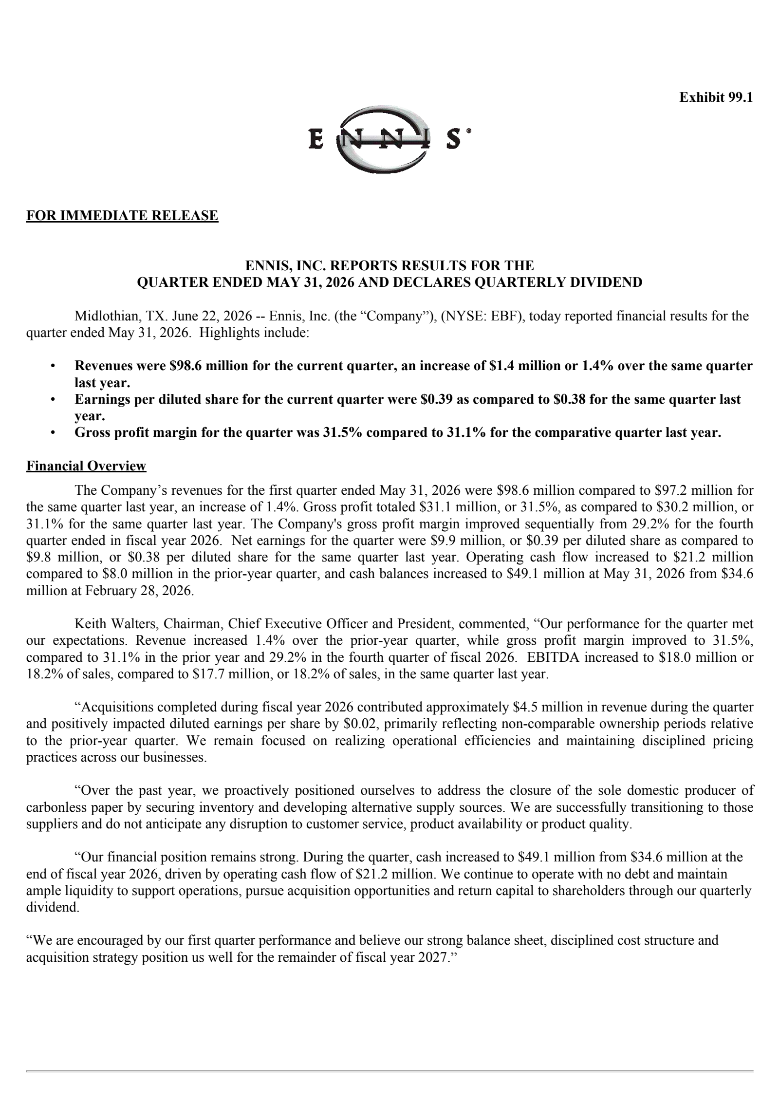 Ennis' Q1 2027 Press Release