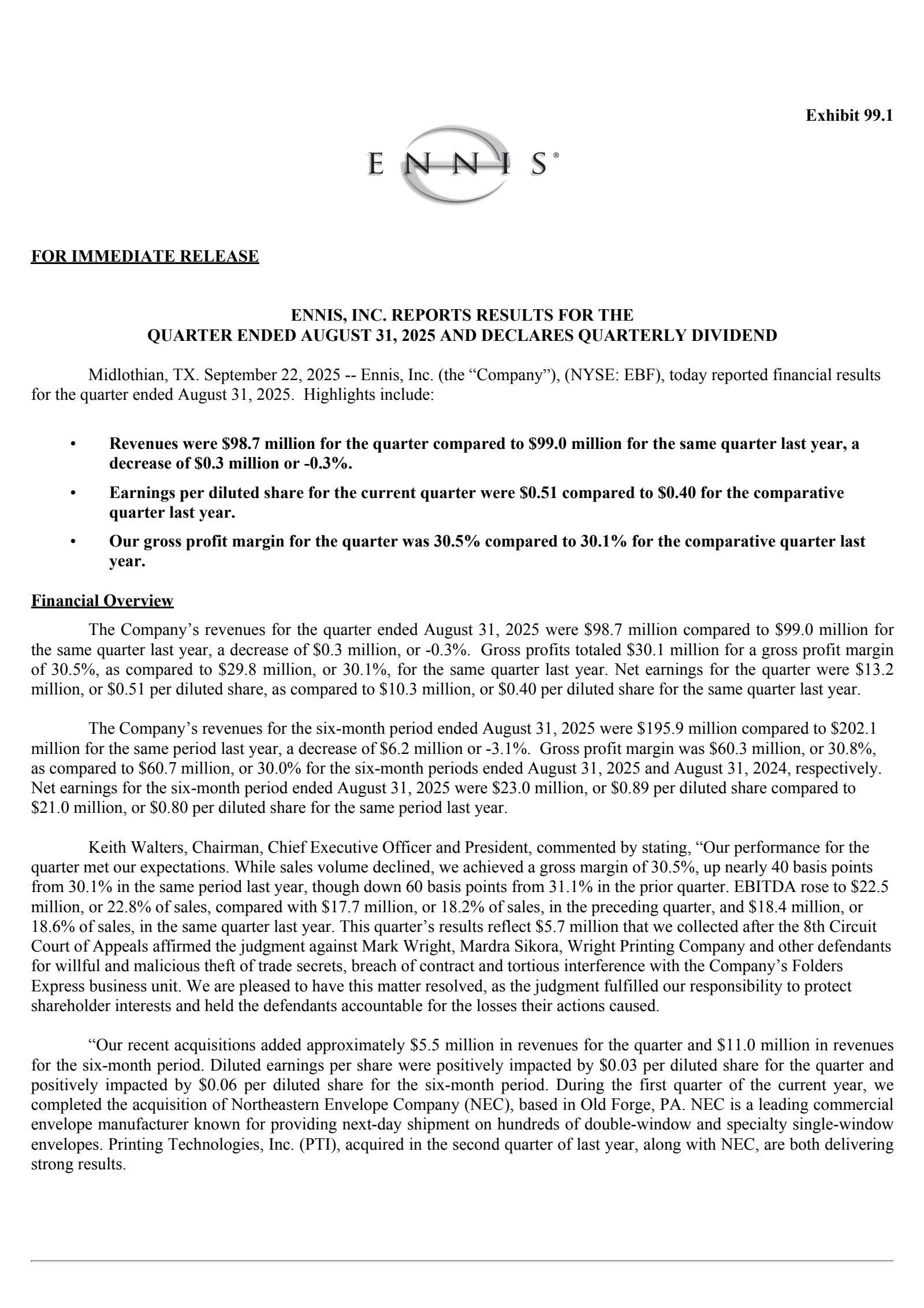 Ennis' Q2 2026 Earnings Release