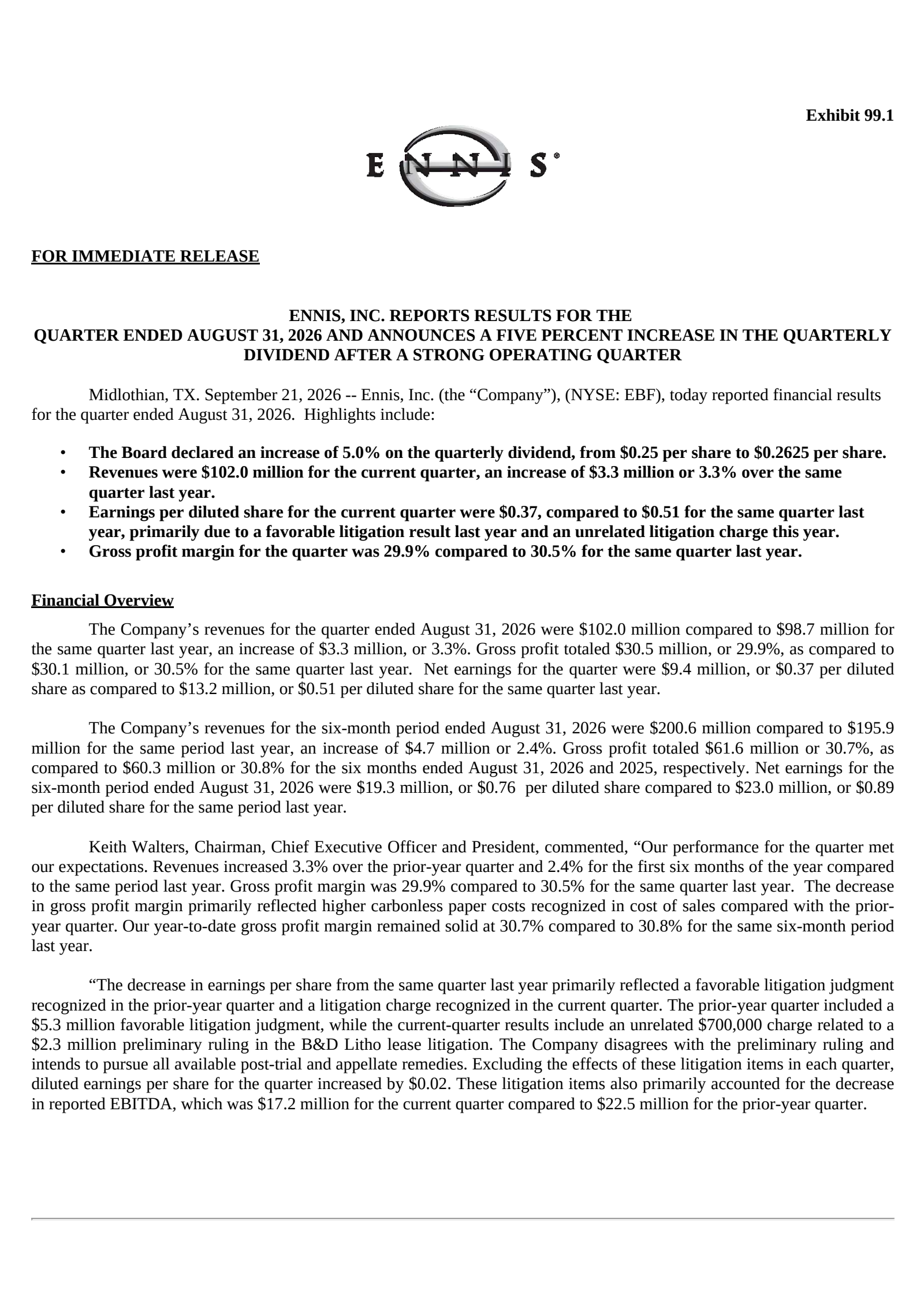 Ennis' Q2 2027 Press Release