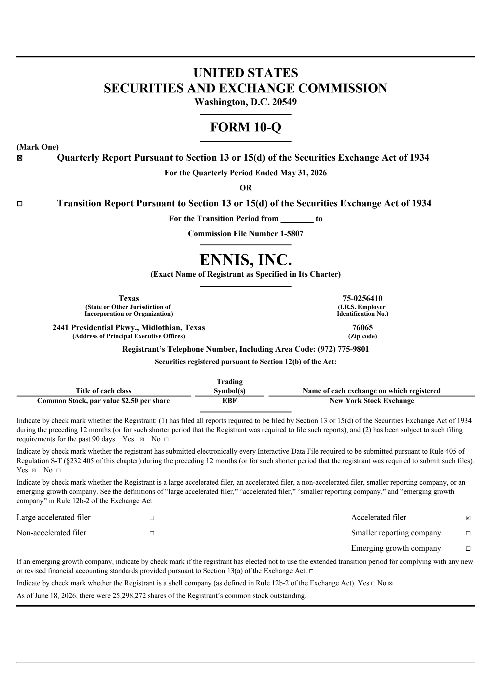 Ennis' Q2 2027 Press Release