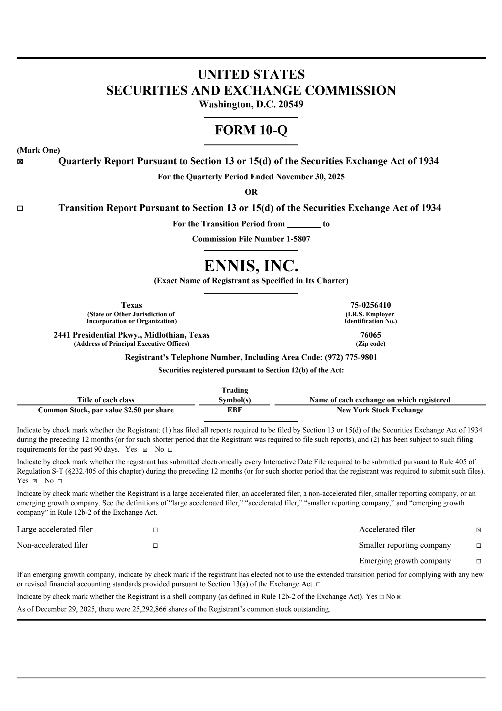 Ennis' Q3 2026 Quarterly Report