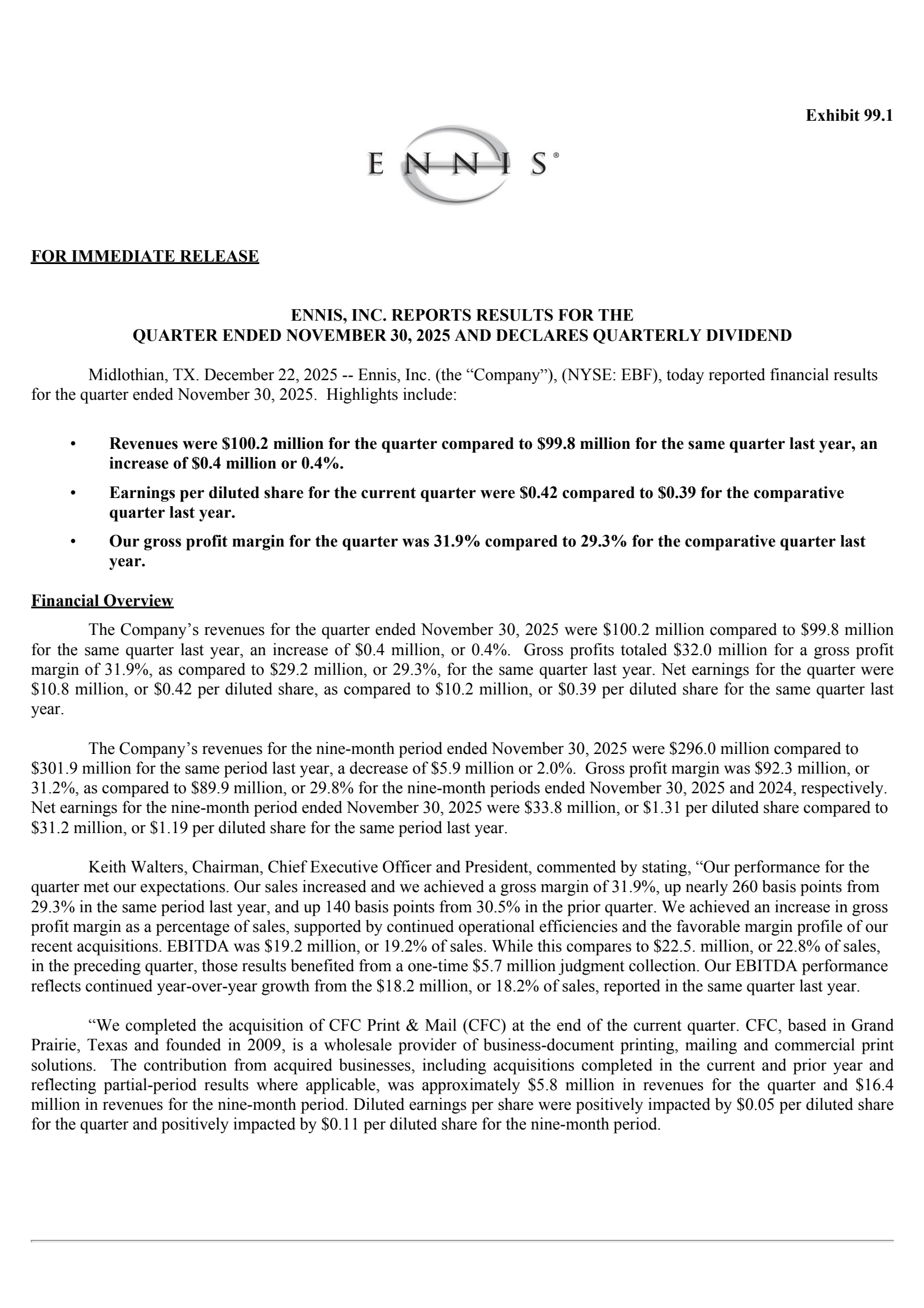 Ennis' Q3 2026 Earnings Release