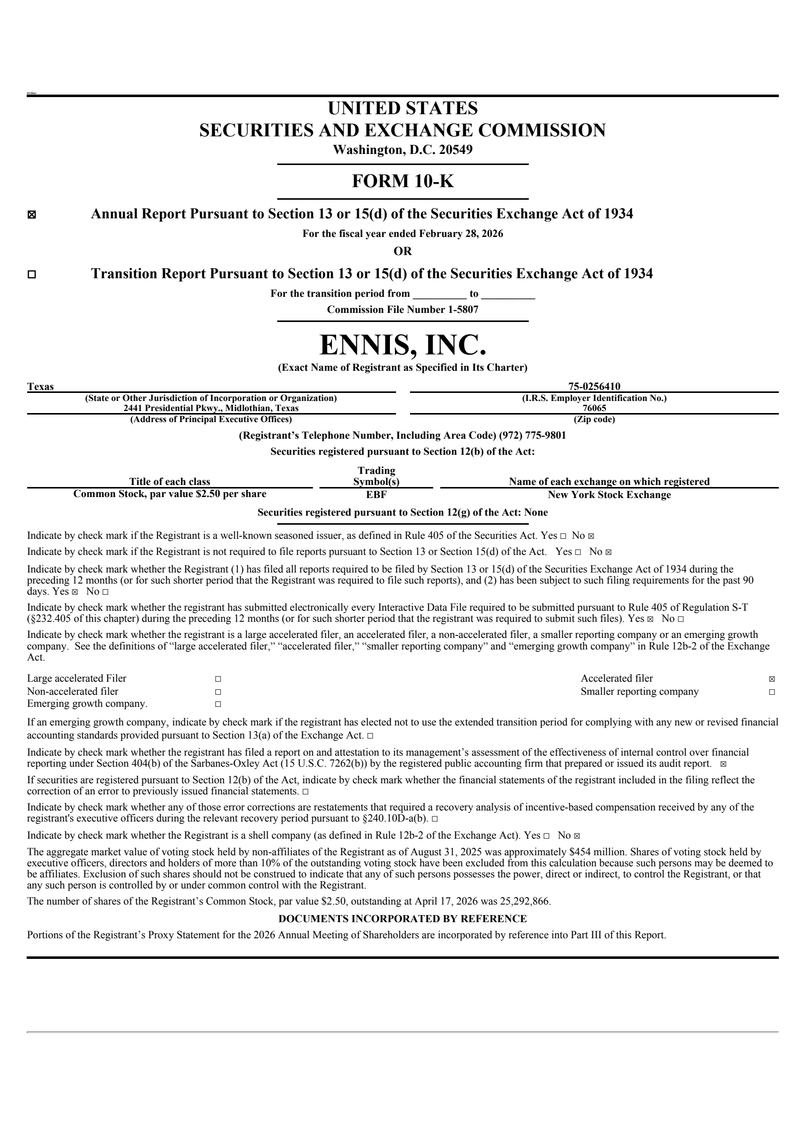 Ennis' Q4 2026 Annual report