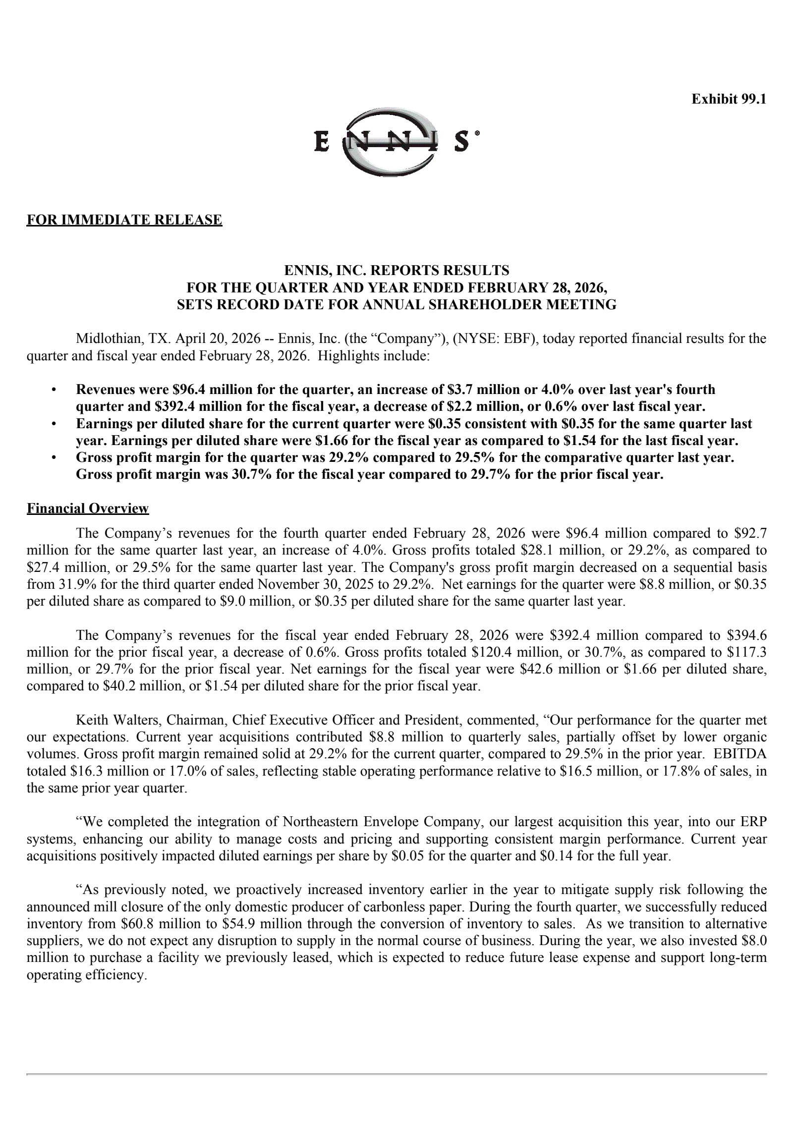 Ennis' Q4 2026 Press Release