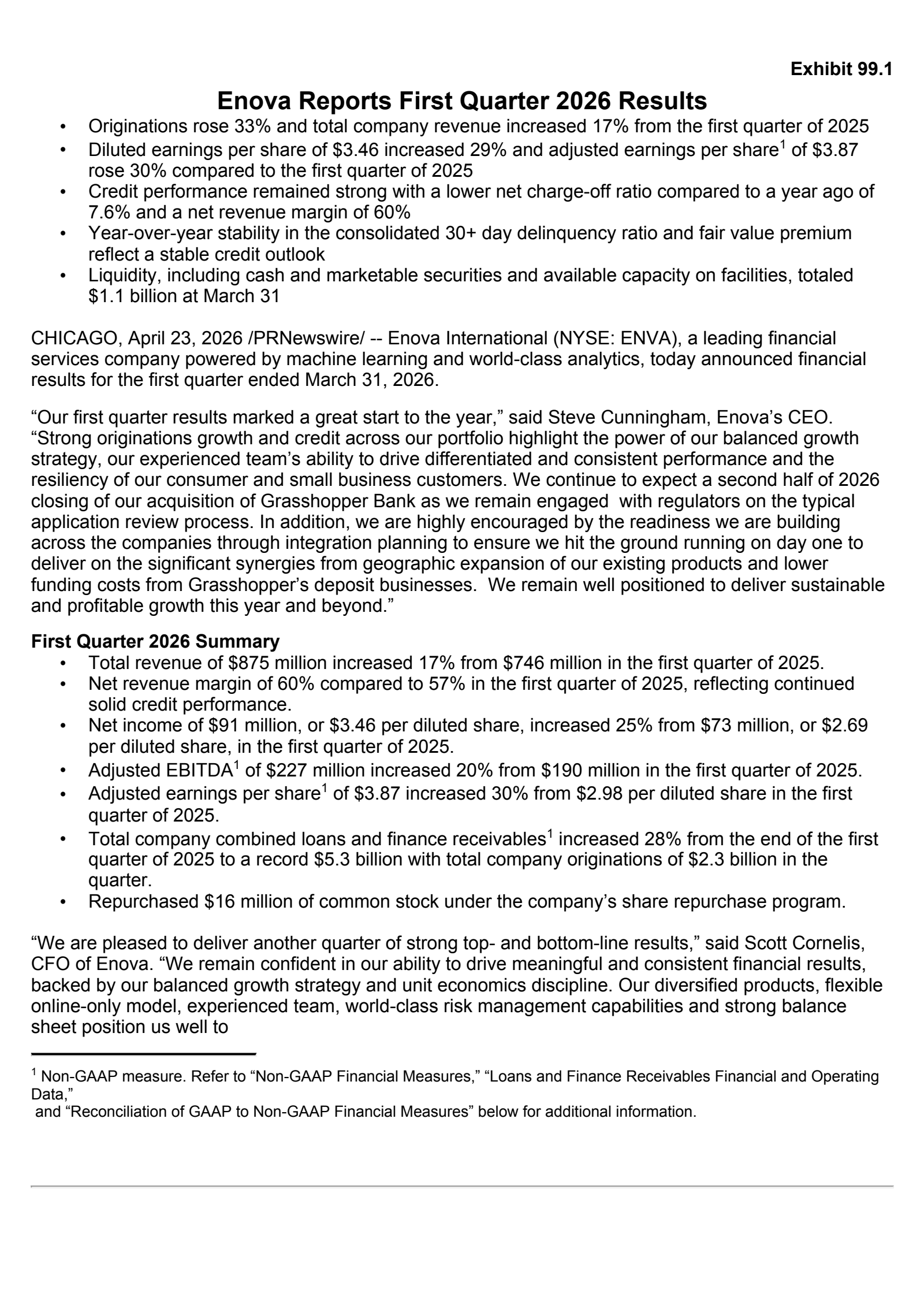 Enova International's Q1 2026 Press Release