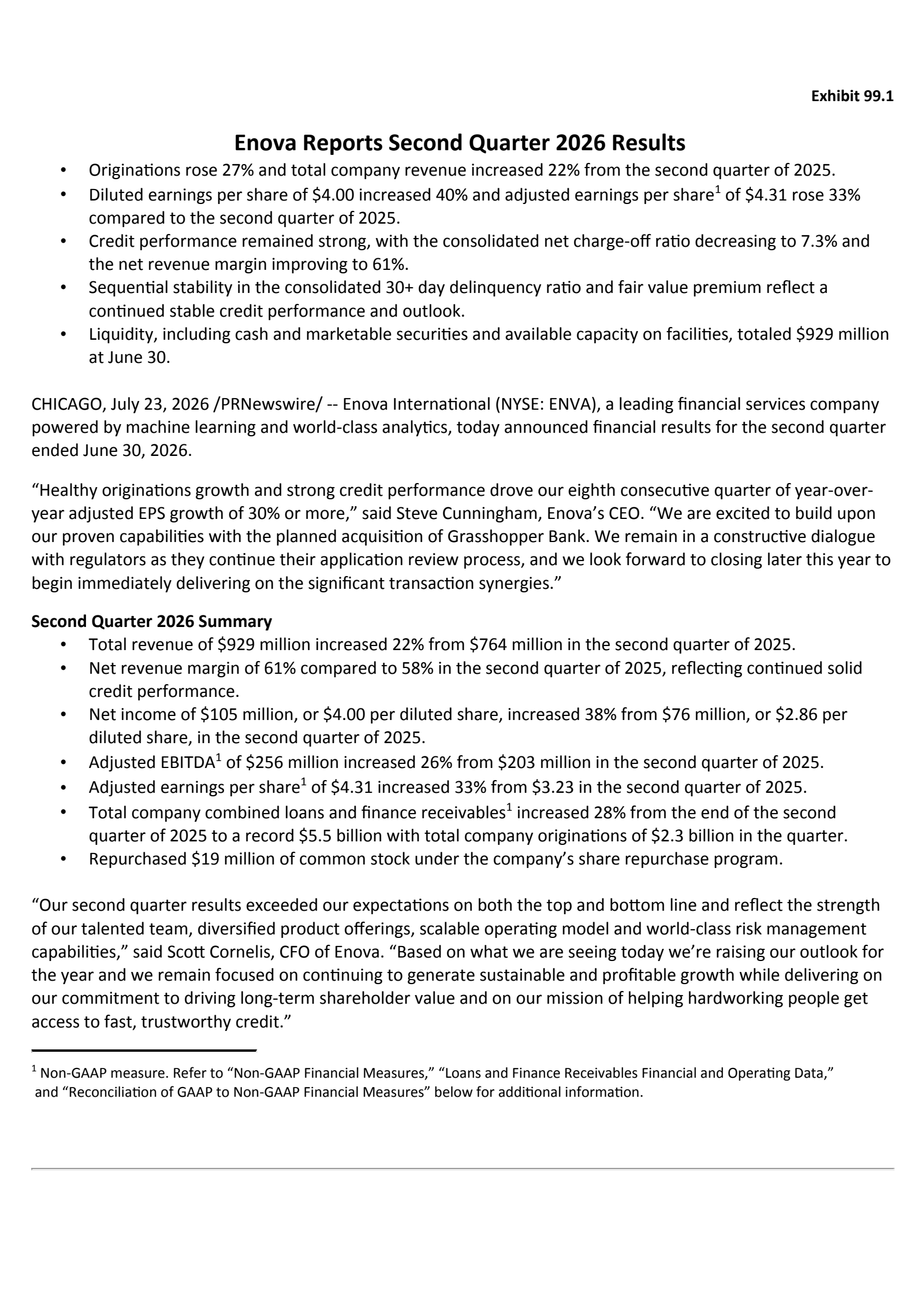 Enova International's Q2 2026 Press Release