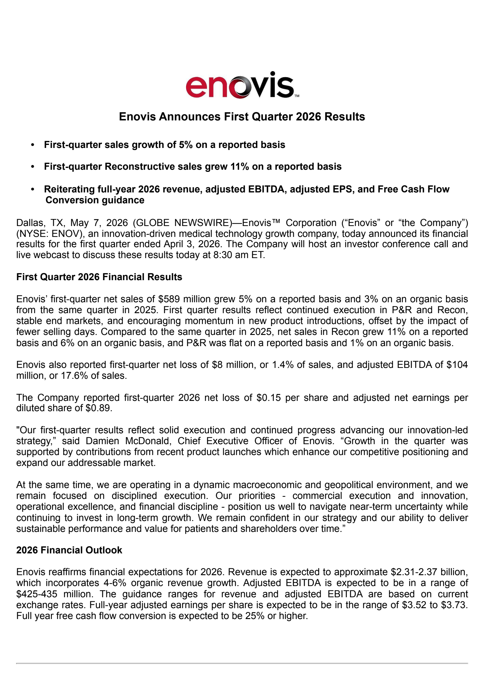Enovis' Q1 2026 Press Release