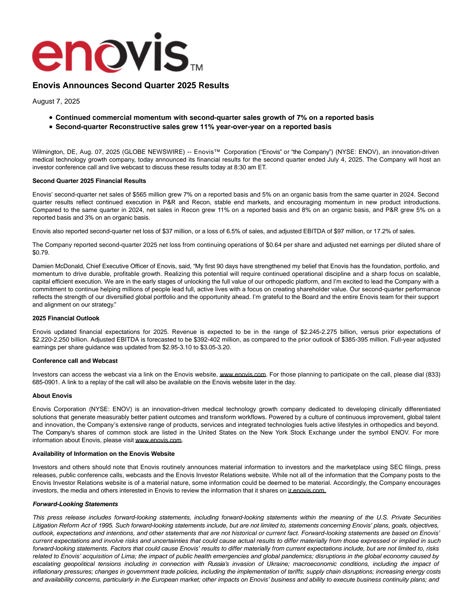 Enovis' Q2 2025 Press Release
