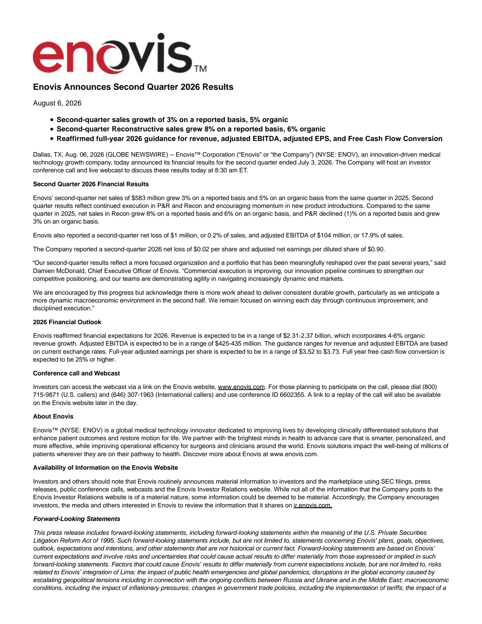 Enovis' Q2 2026 Press Release