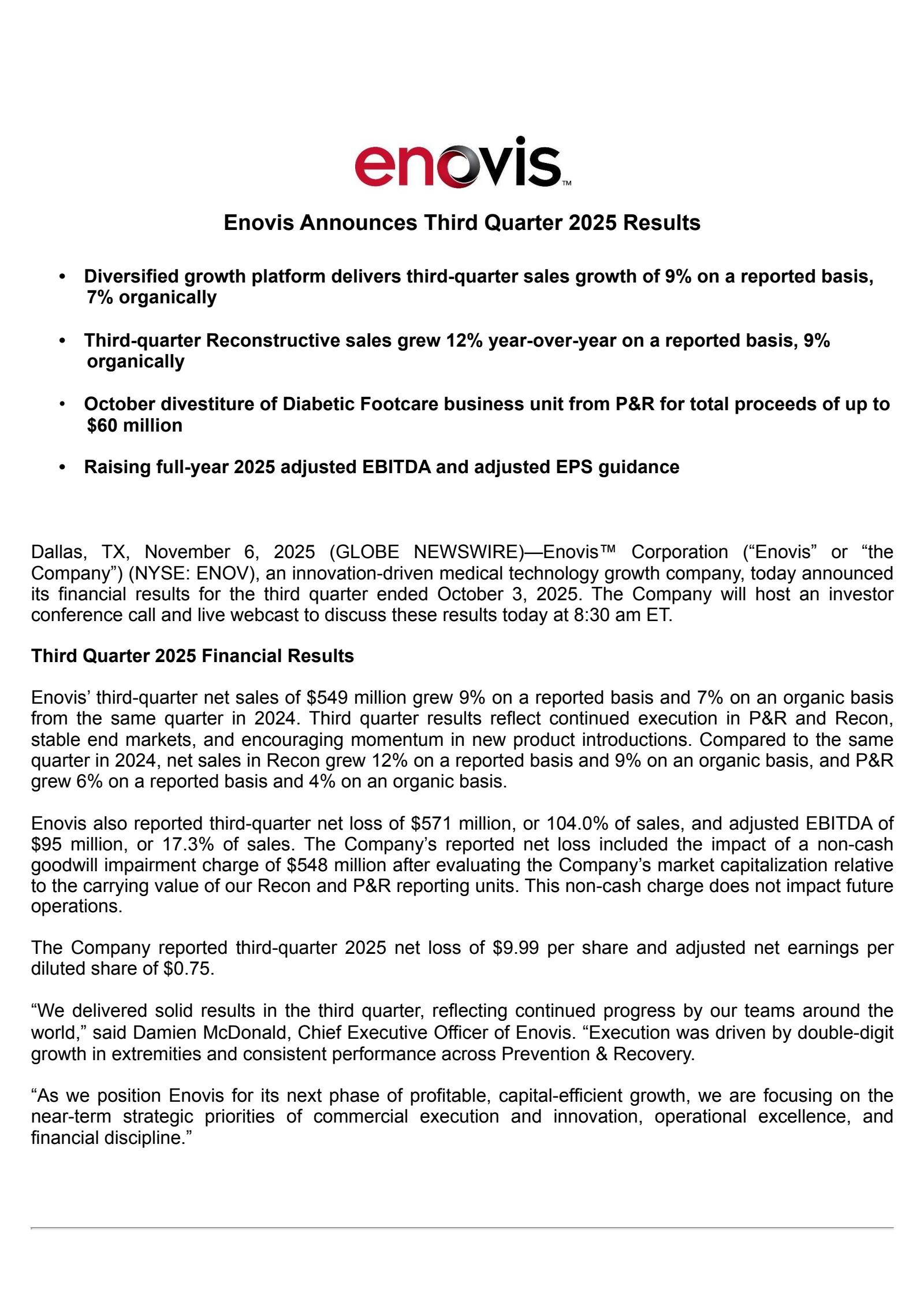 Enovis' Q3 2025 Earnings Release