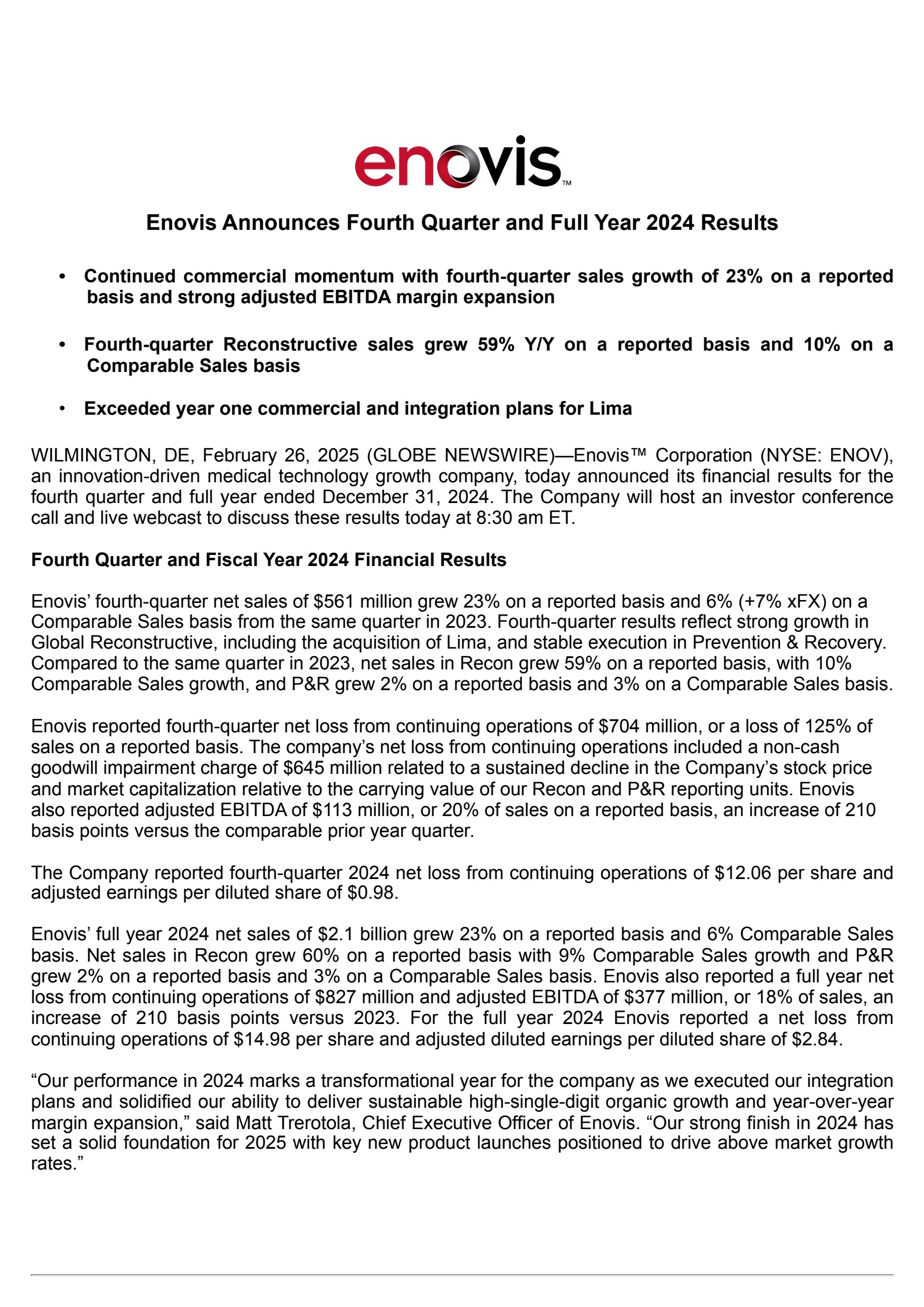 Enovis' Q4 2024 Press Release