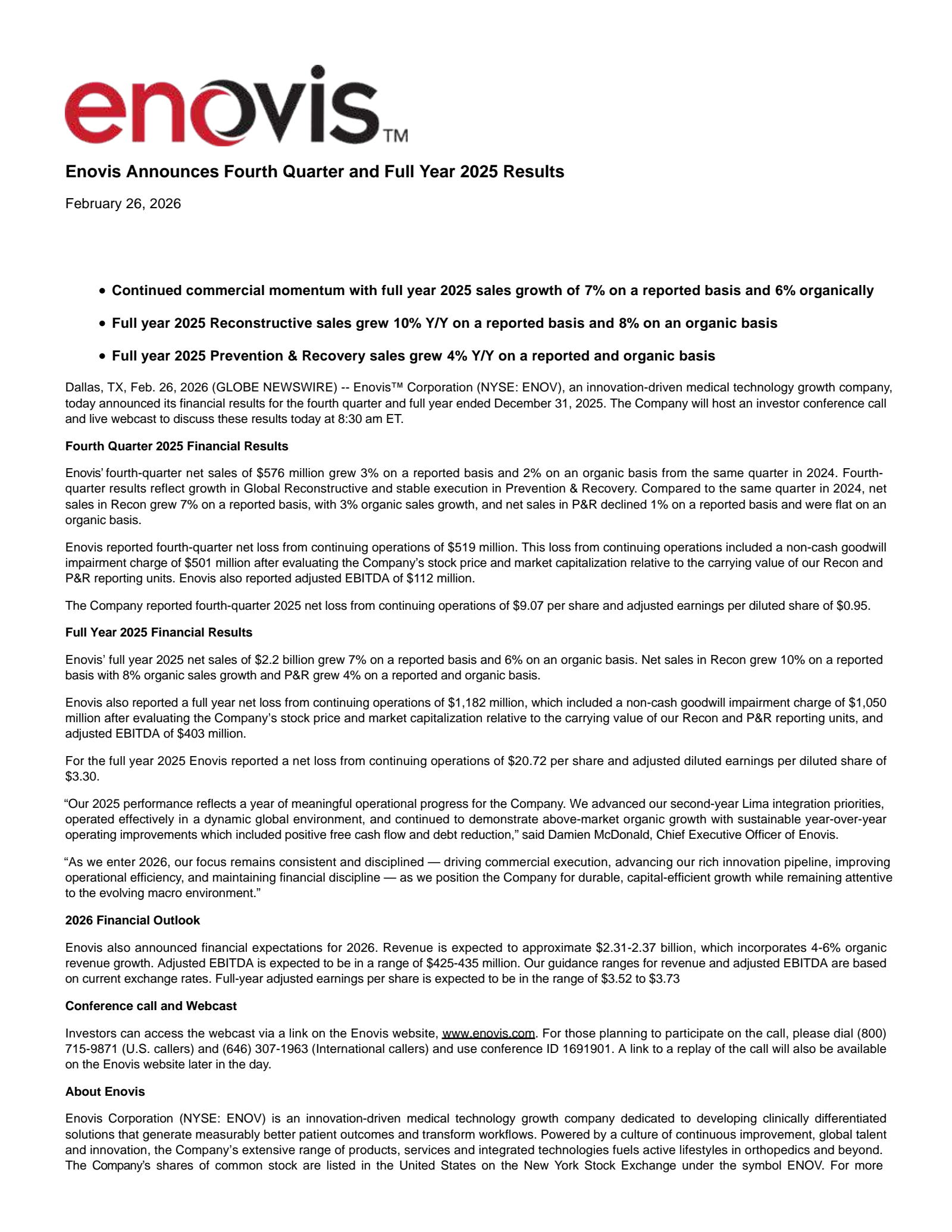 Enovis' Q4 2025 Press Release