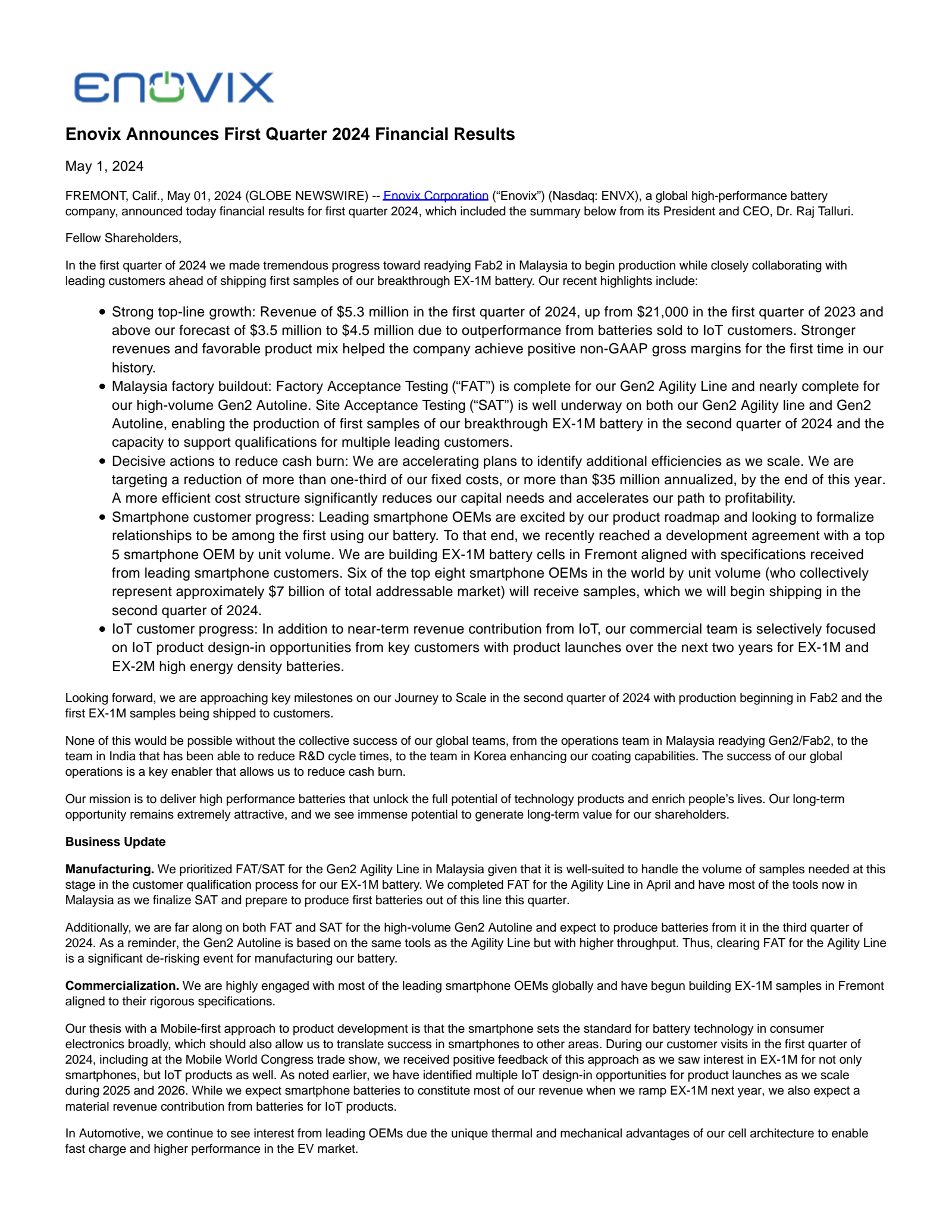 Enovix's Q1 2024 Earnings Release