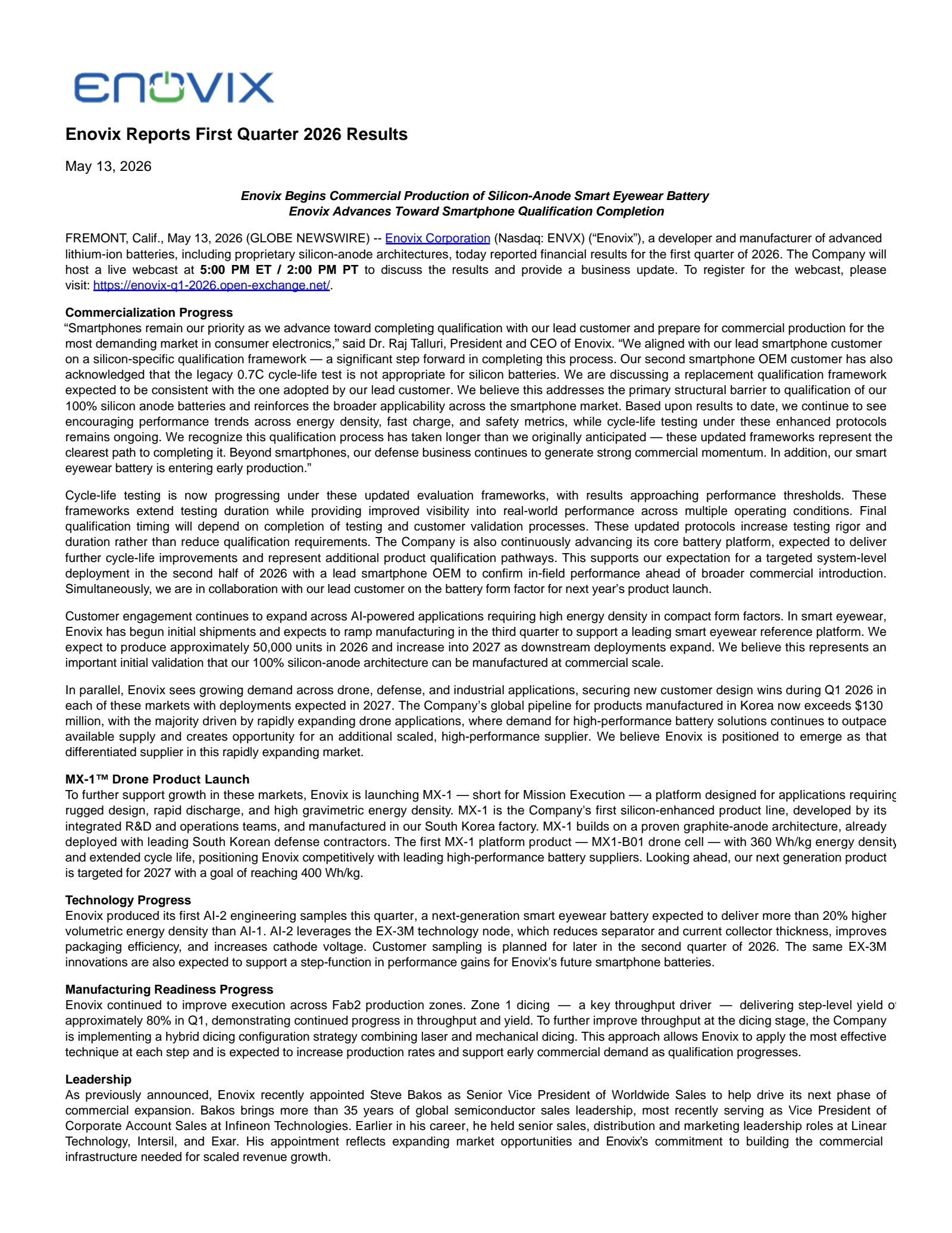 Enovix's Q1 2026 Press Release