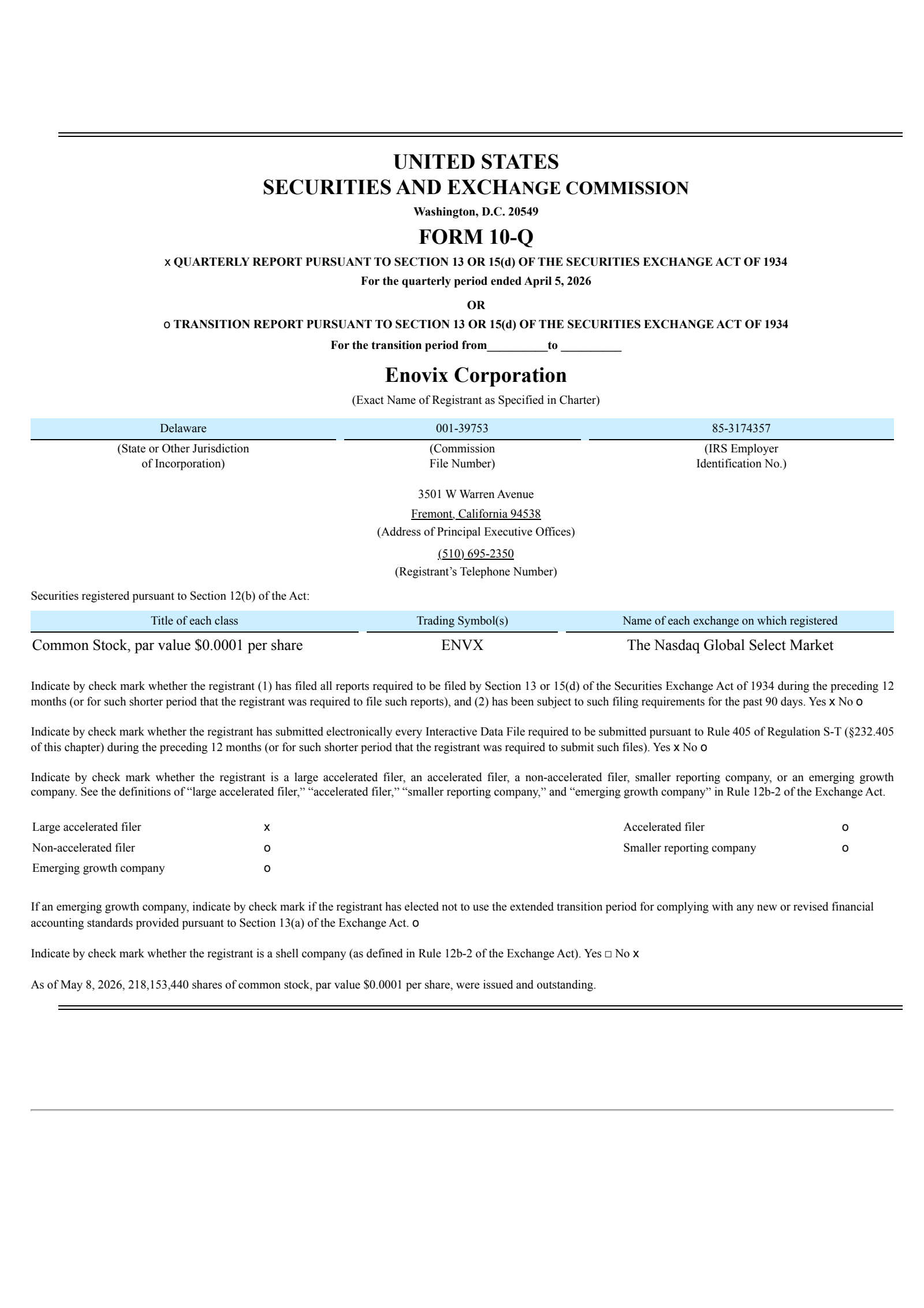 Enovix's Q1 2026 Quarterly report