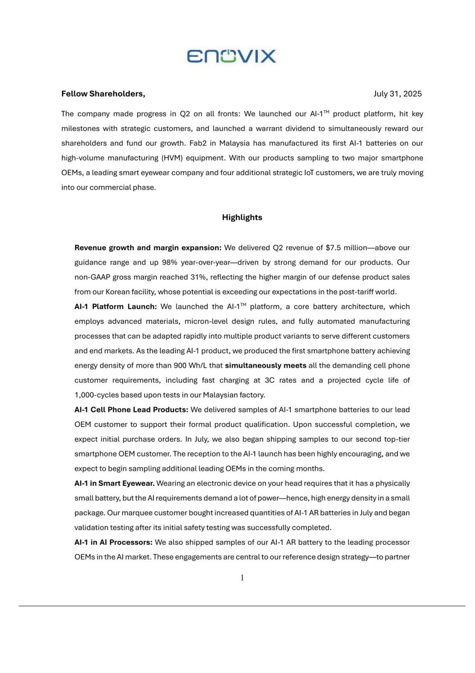 Enovix's Q2 2025 Press Release