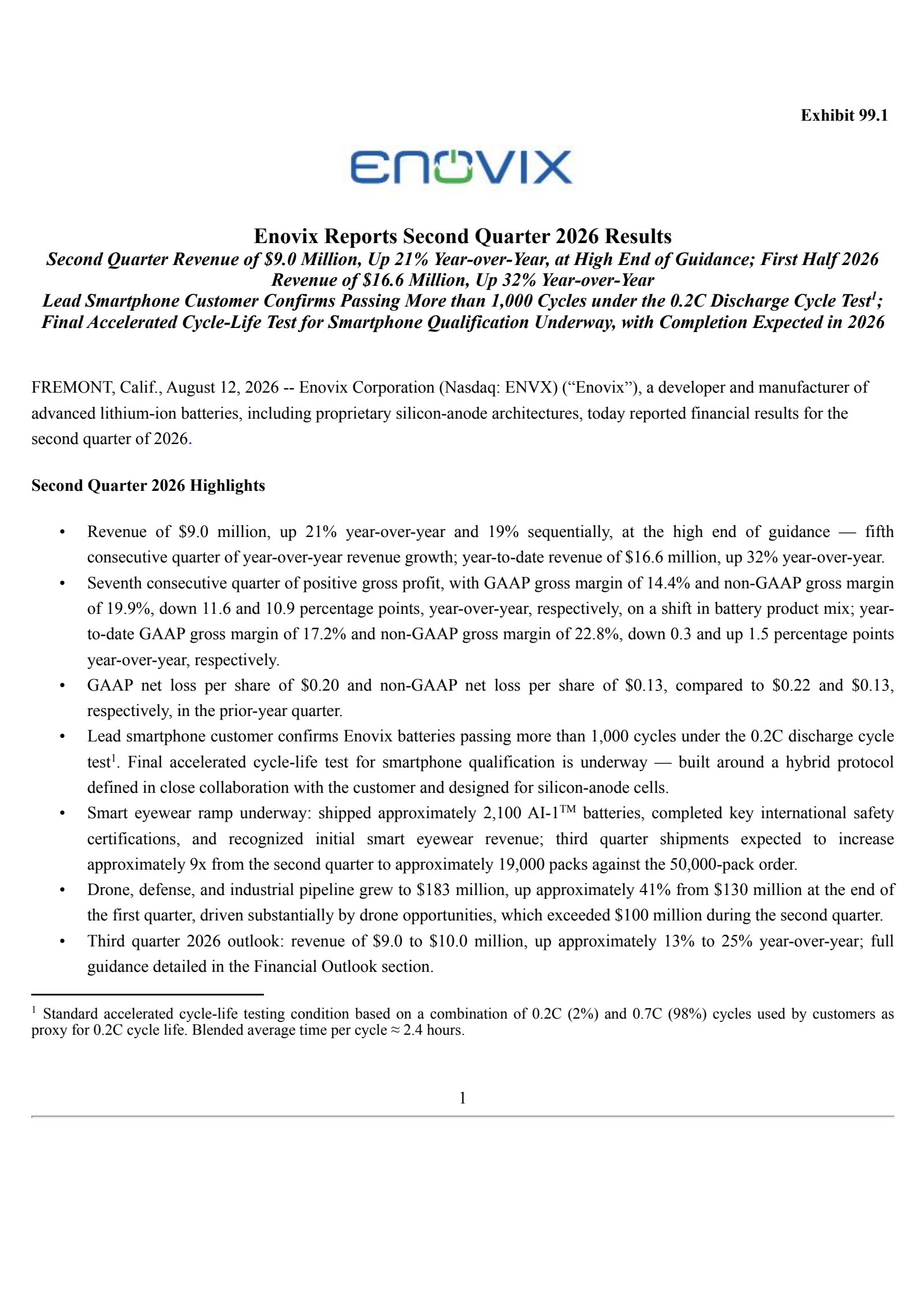 Enovix's Q2 2026 Press Release