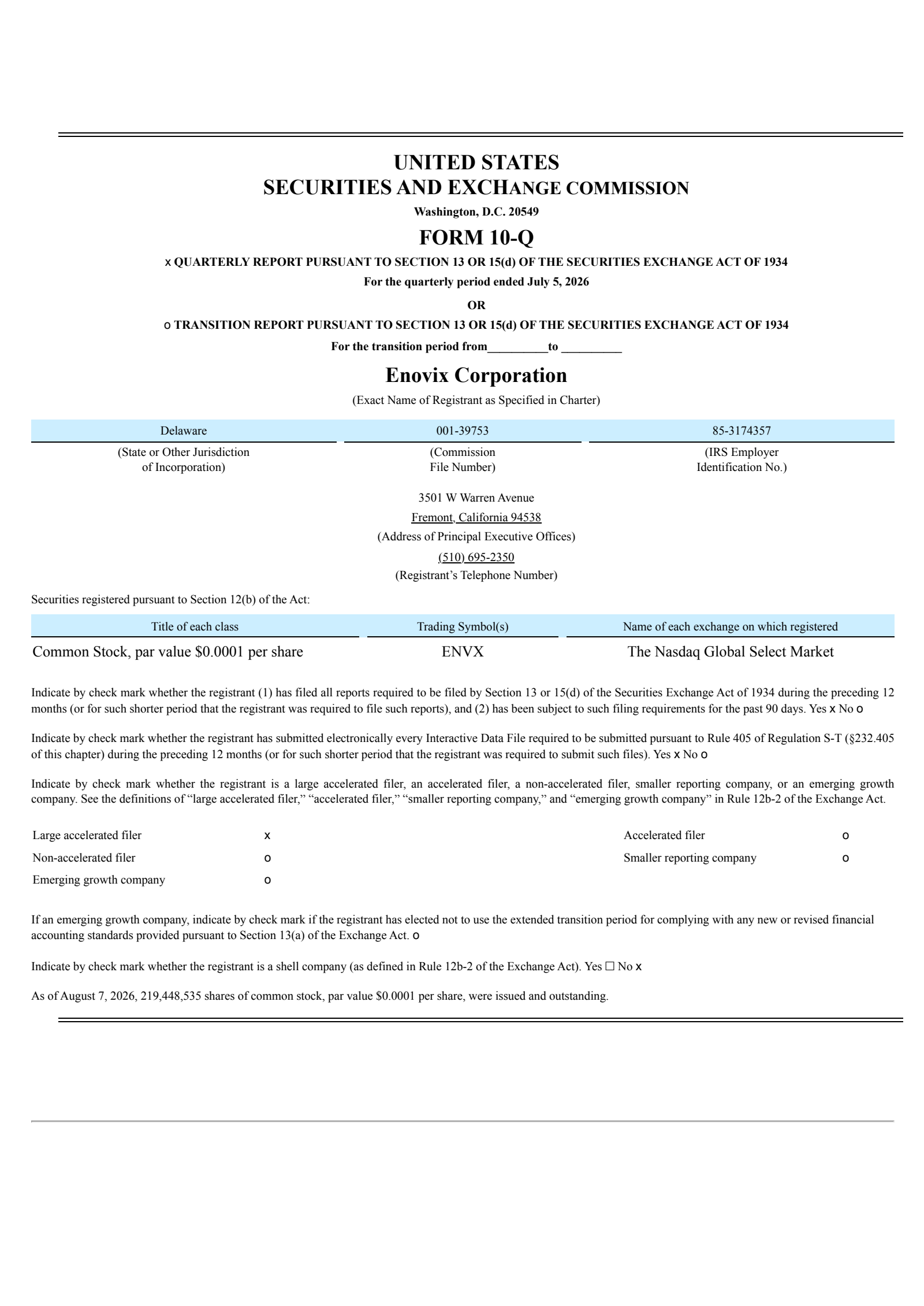 Enovix's Q2 2026 Quarterly report