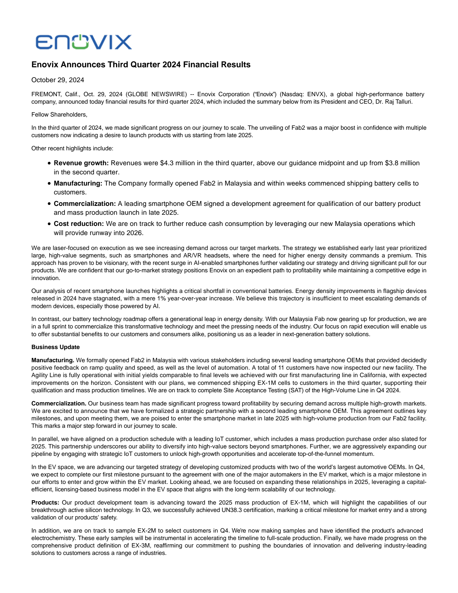 Enovix's Q3 2024 Earnings Release