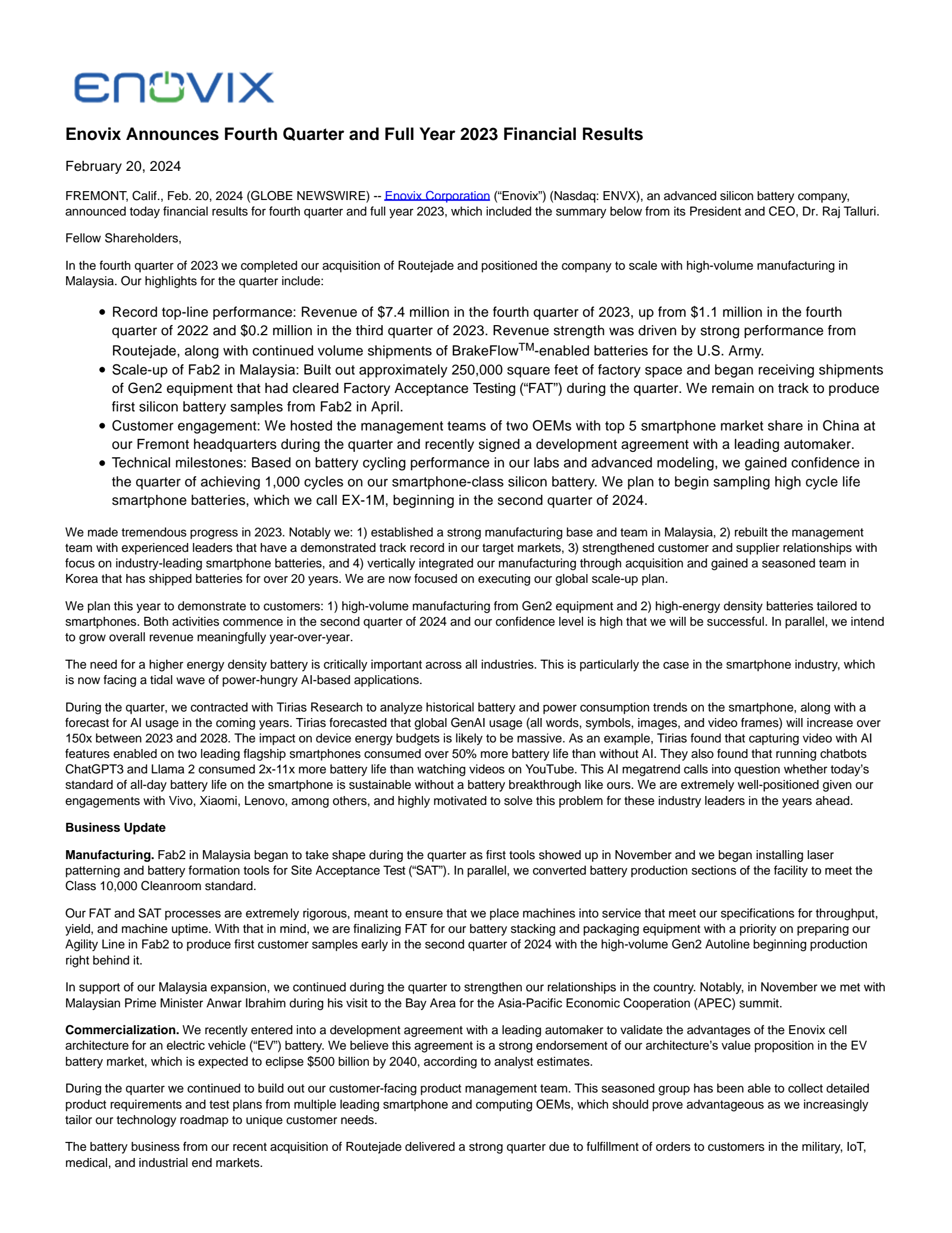 Enovix's Q4 2023 Earnings Release