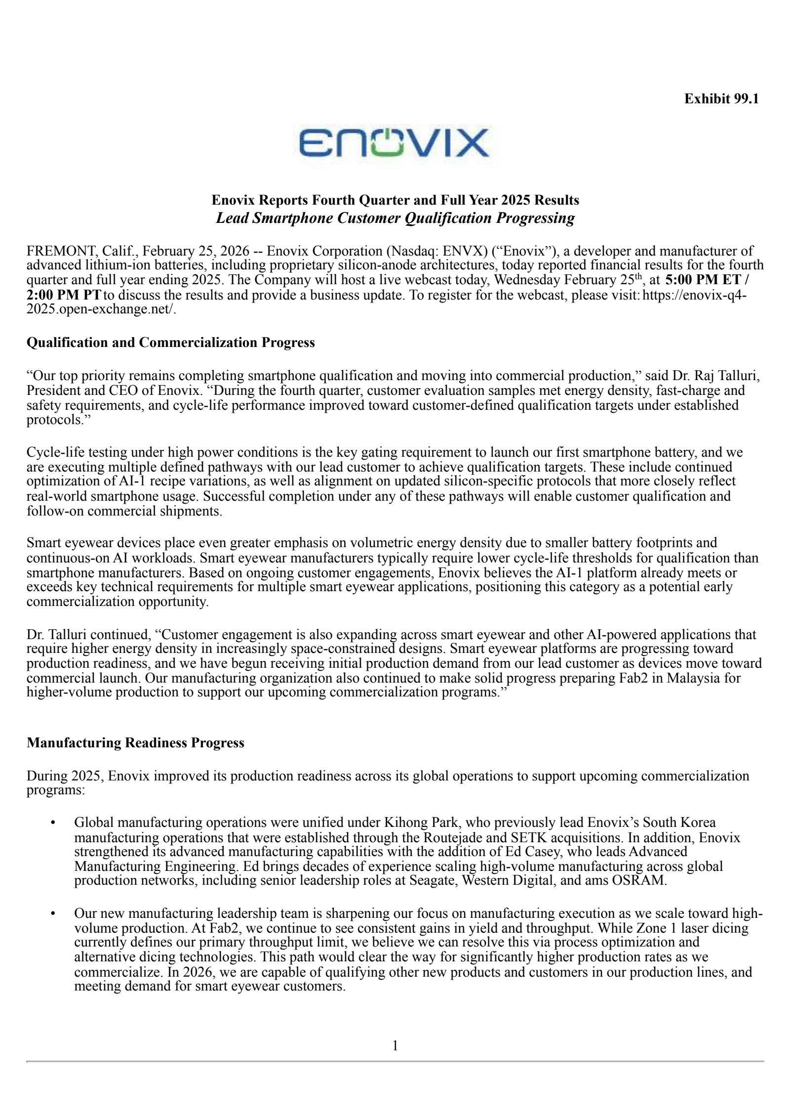 Enovix's Q4 2025 Press Release