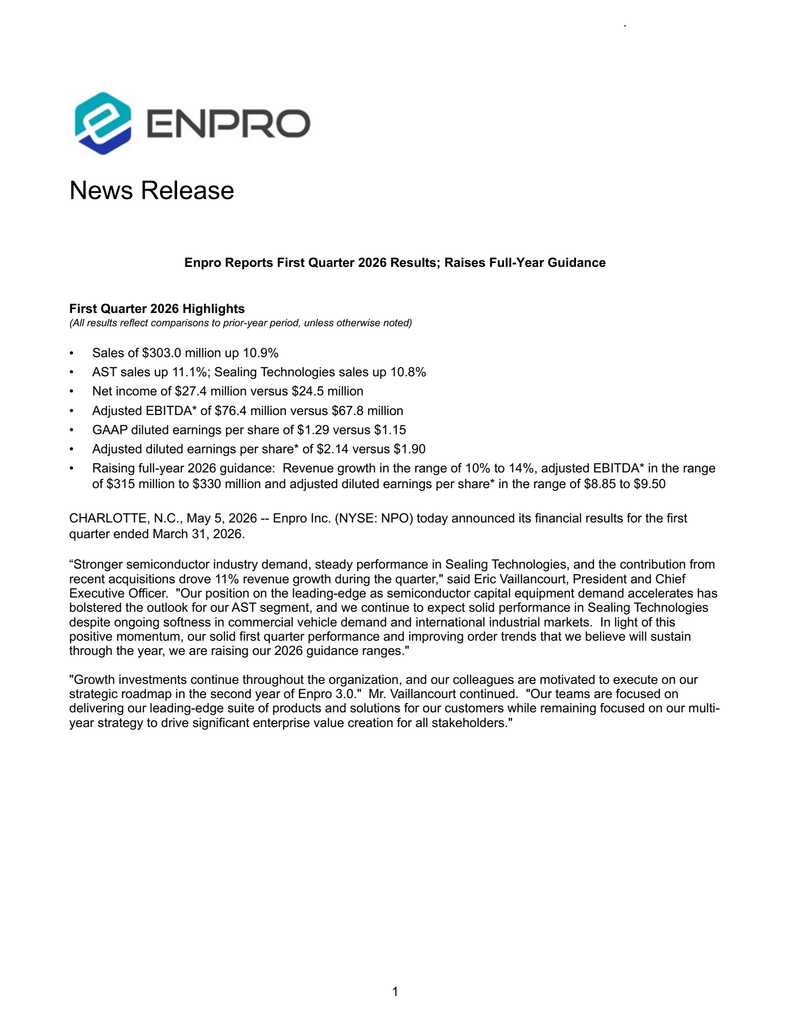 Enpro's Q1 2026 Press Release