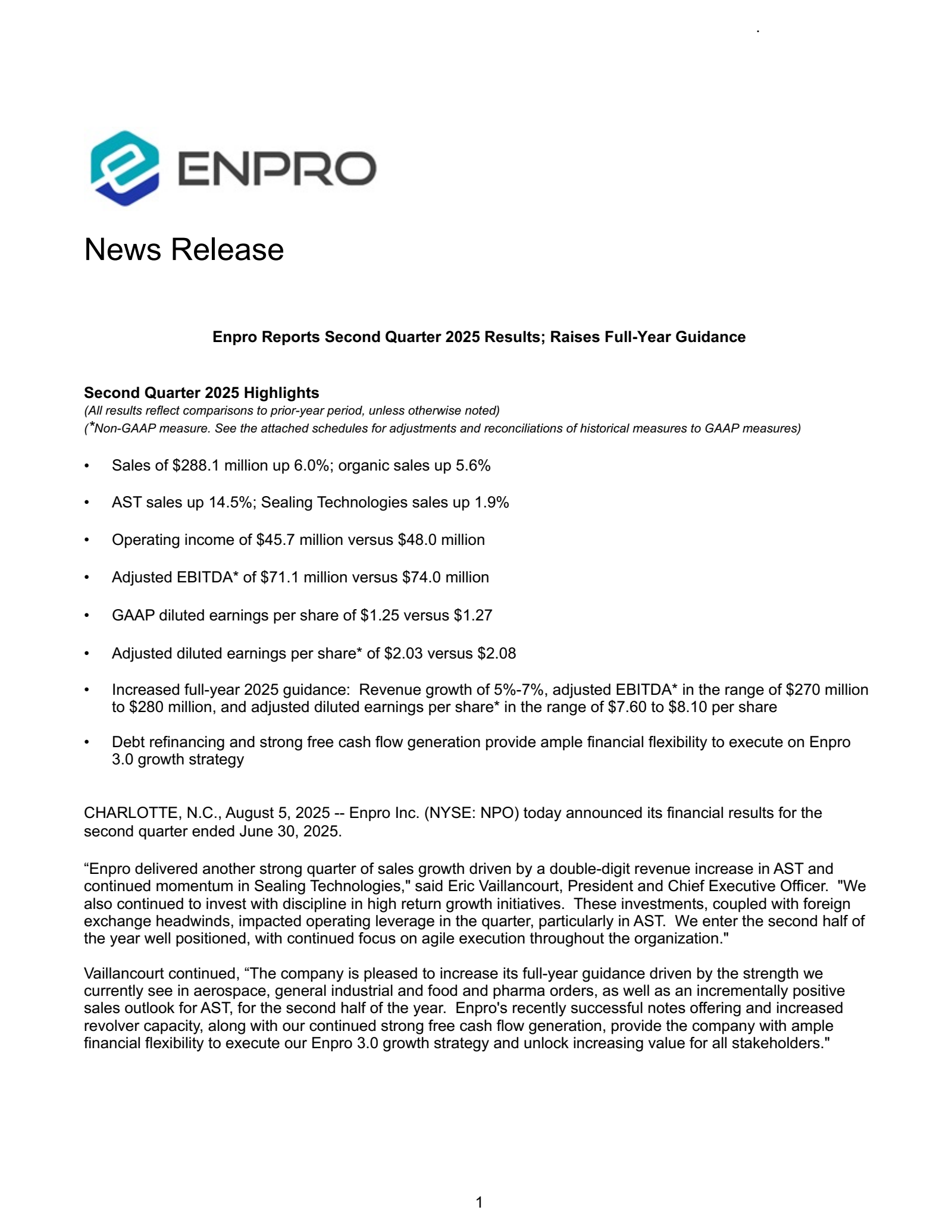 Enpro's Q2 2025 Press Release