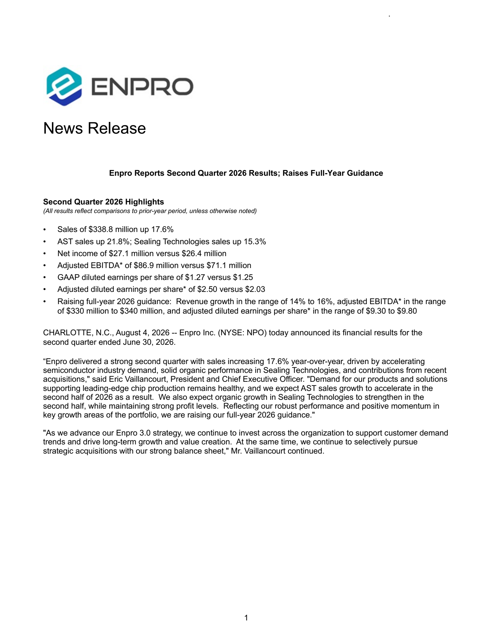 Enpro's Q2 2026 Press Release