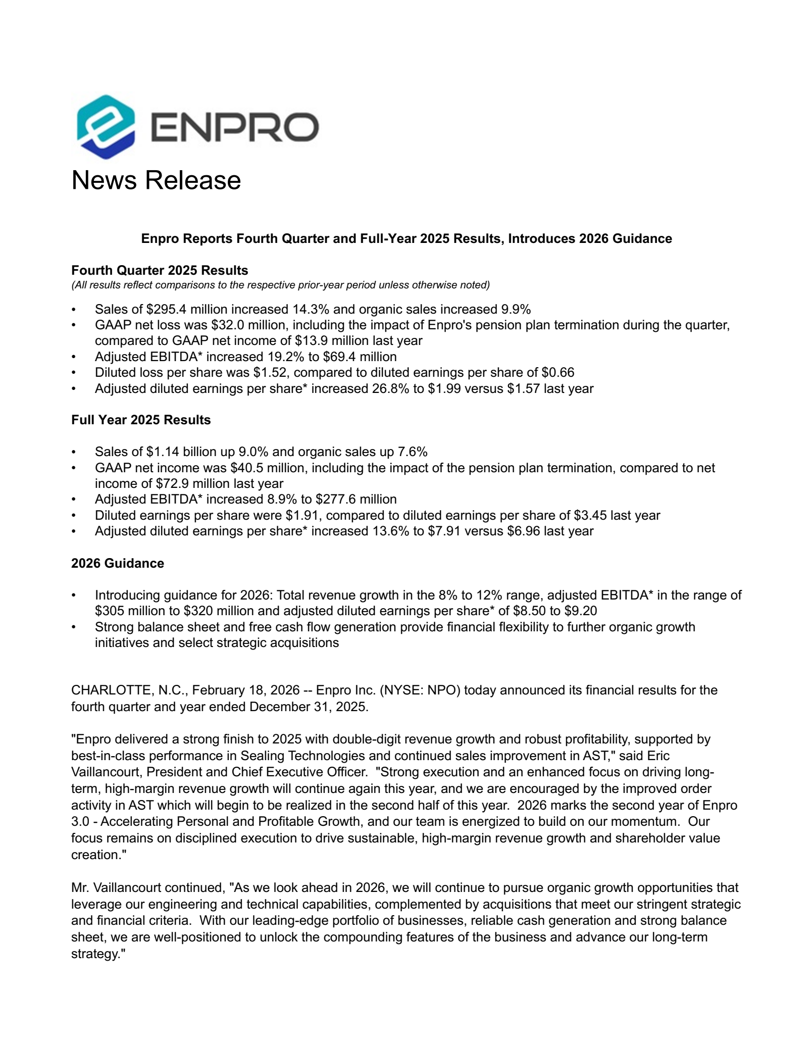 Enpro's Q4 2025 Press Release