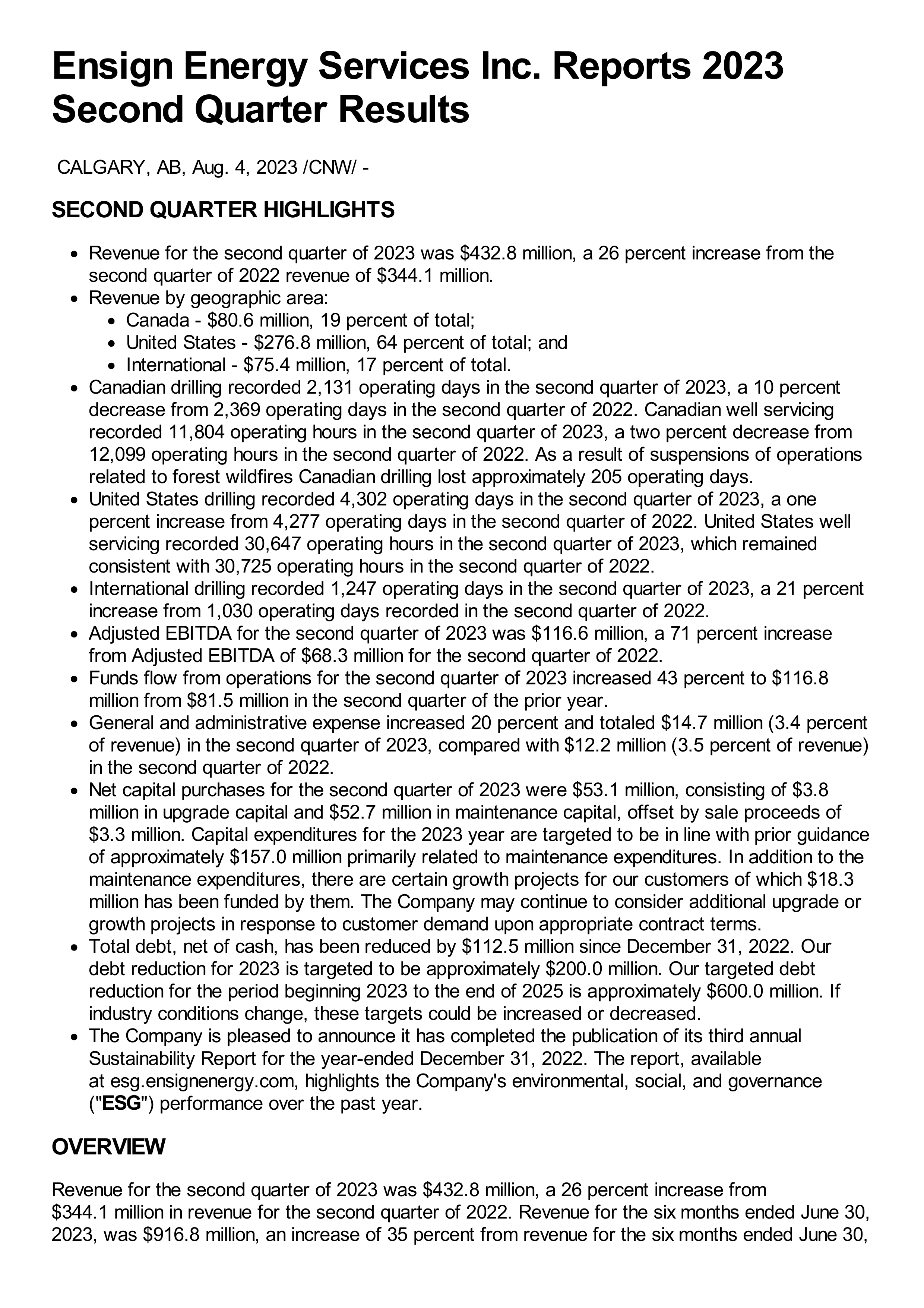 Ensign Energy Services' Q2 2023 Interim report
