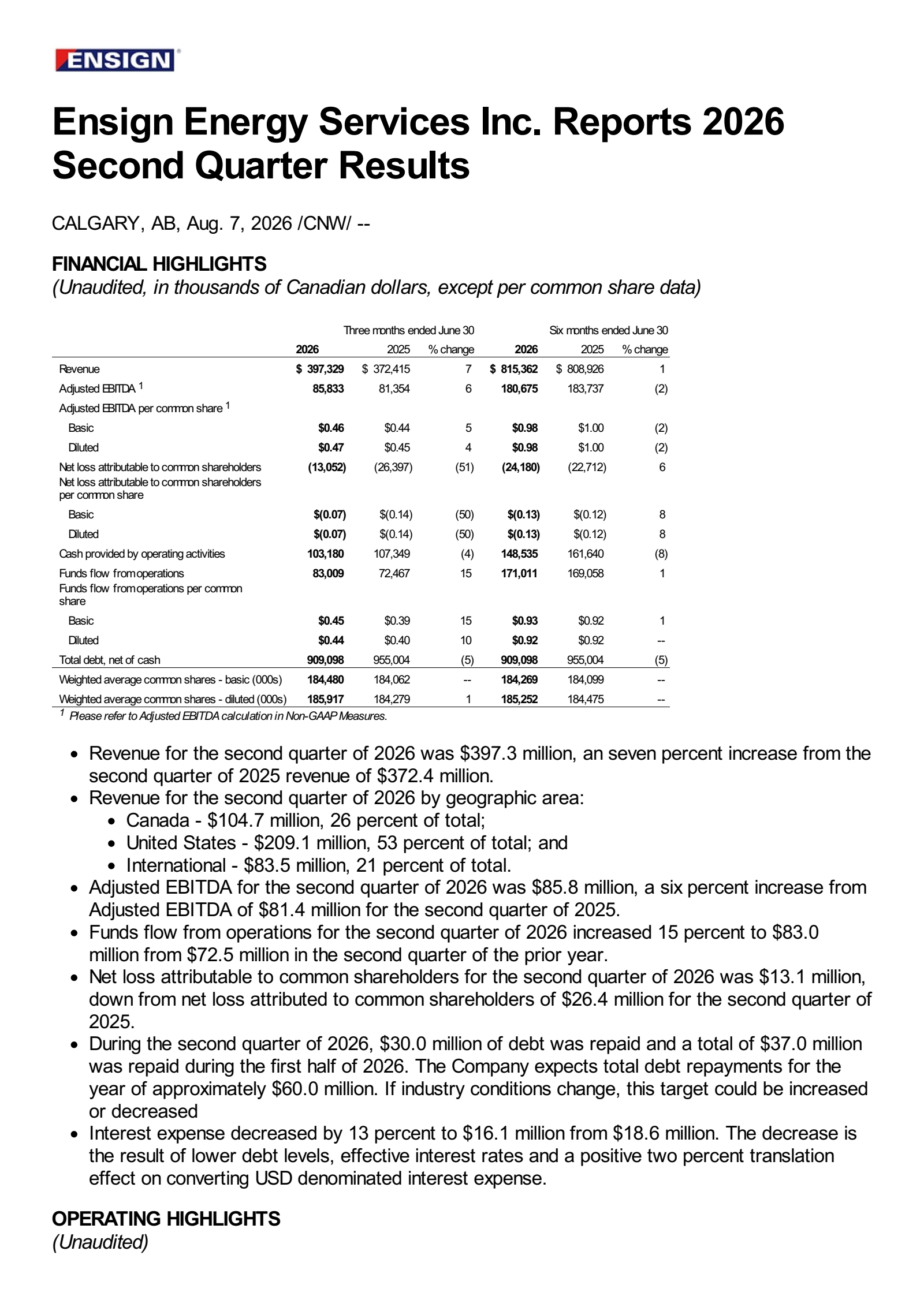 Ensign Energy Services' Q2 2026 Press Release